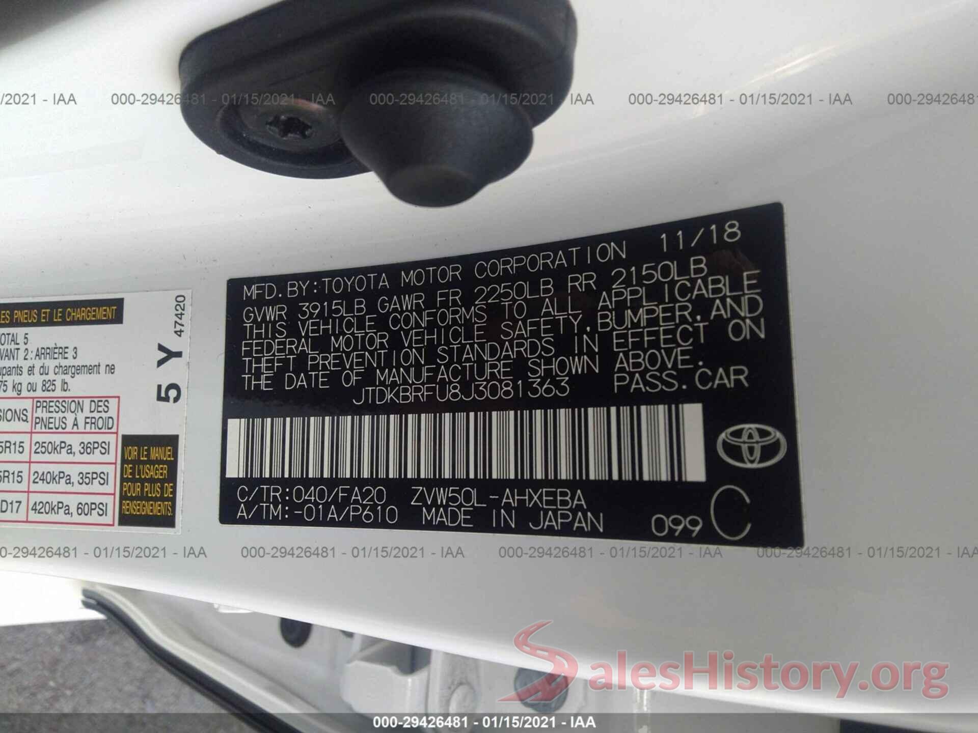 JTDKBRFU8J3081363 2018 TOYOTA PRIUS