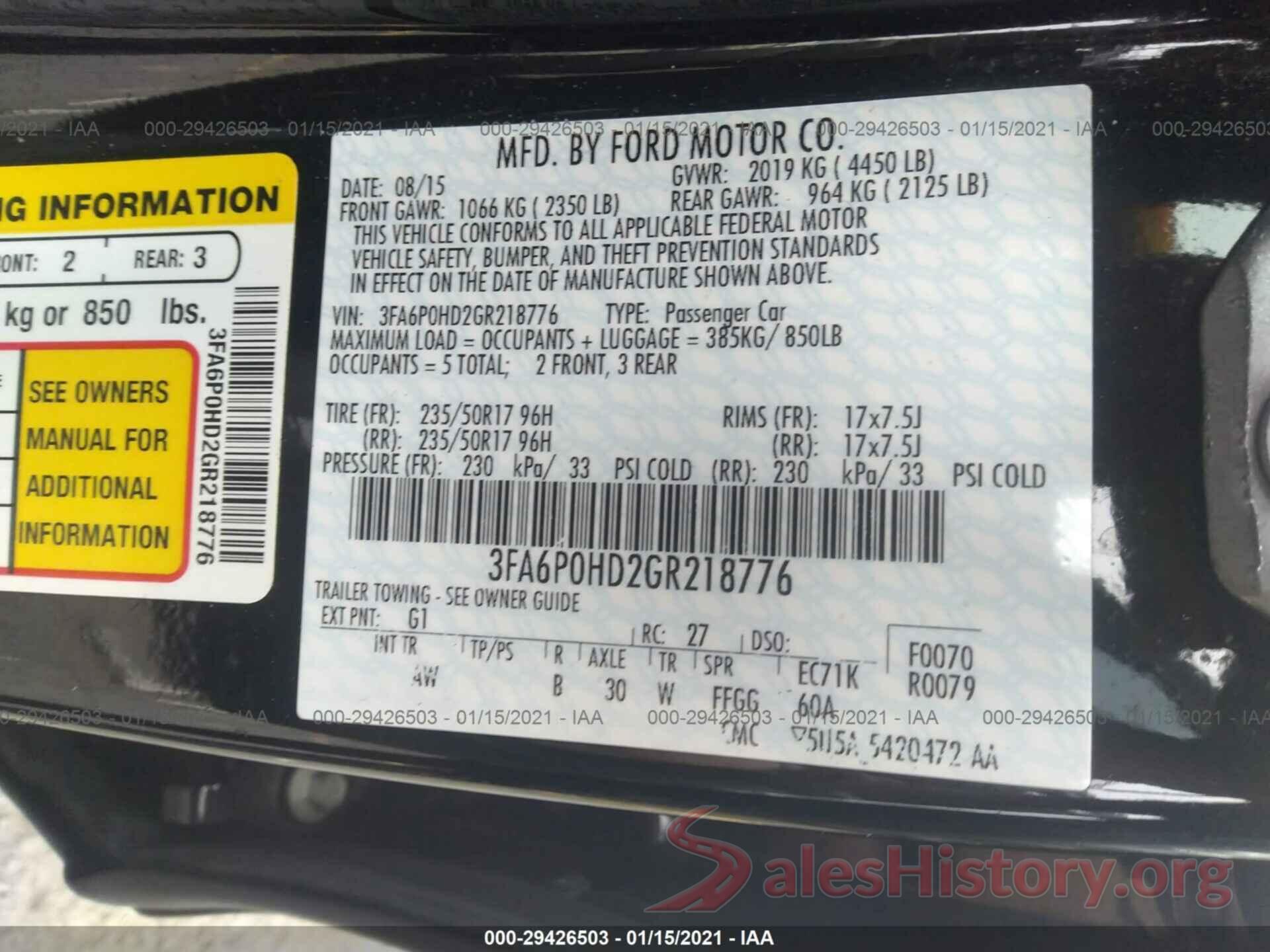 3FA6P0HD2GR218776 2016 FORD FUSION