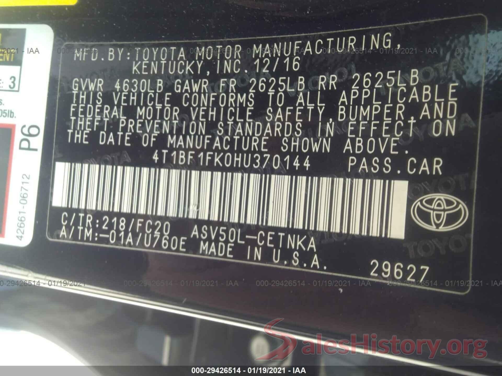 4T1BF1FK0HU370144 2017 TOYOTA CAMRY