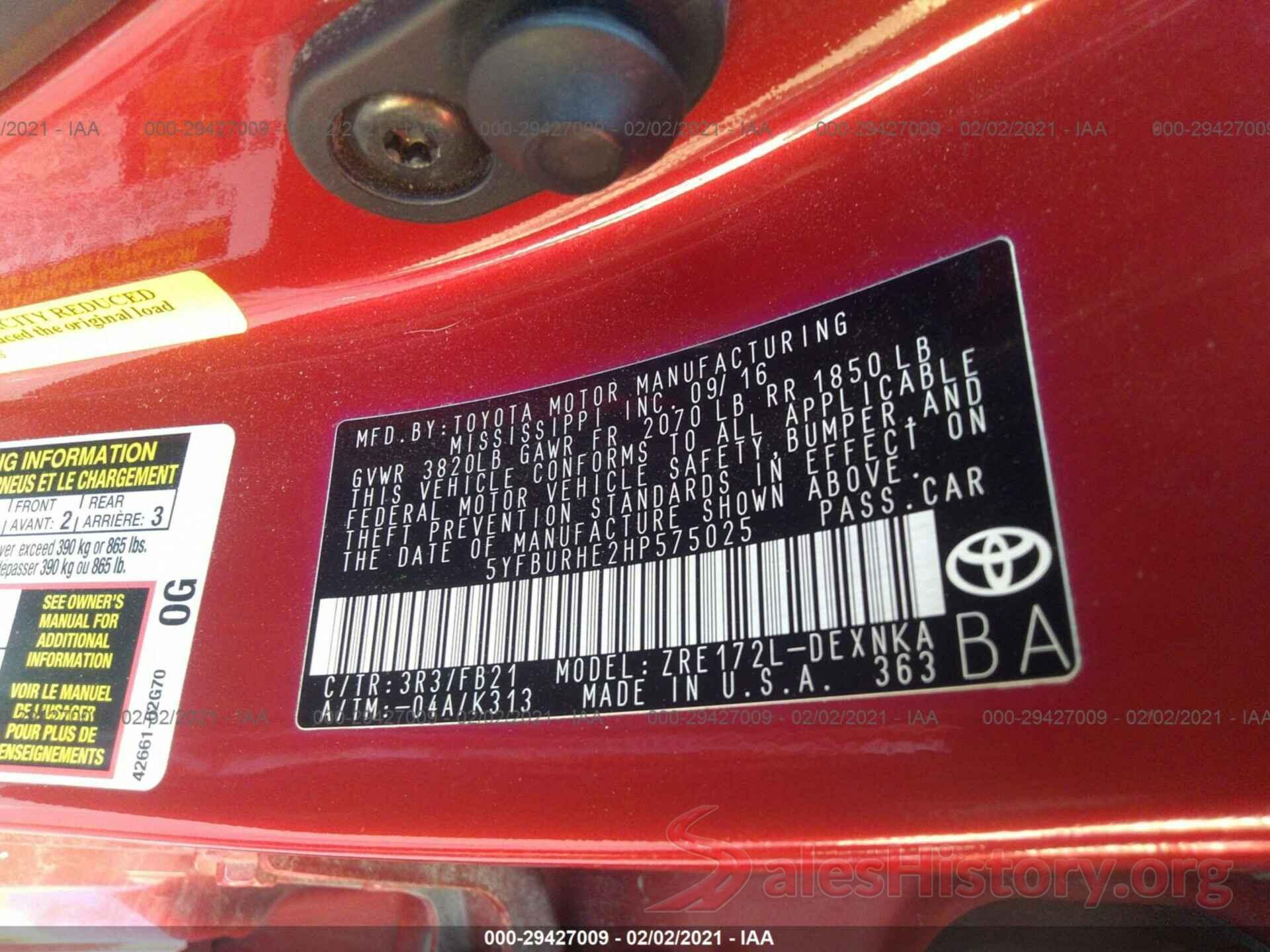 5YFBURHE2HP575025 2017 TOYOTA COROLLA