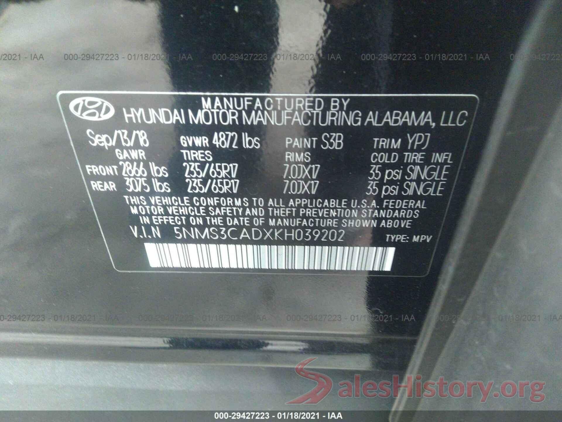 5NMS3CADXKH039202 2019 HYUNDAI SANTA FE