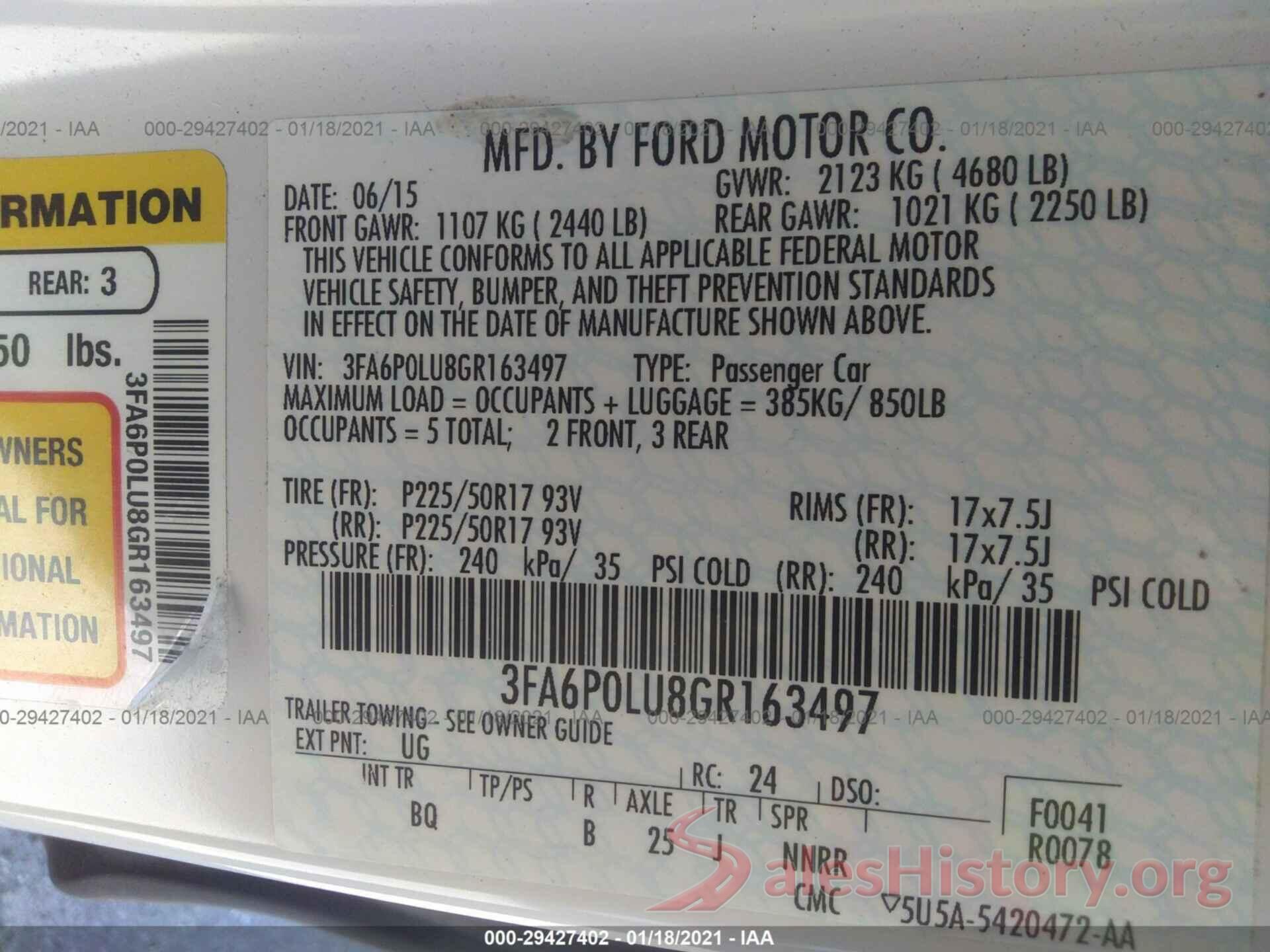 3FA6P0LU8GR163497 2016 FORD FUSION