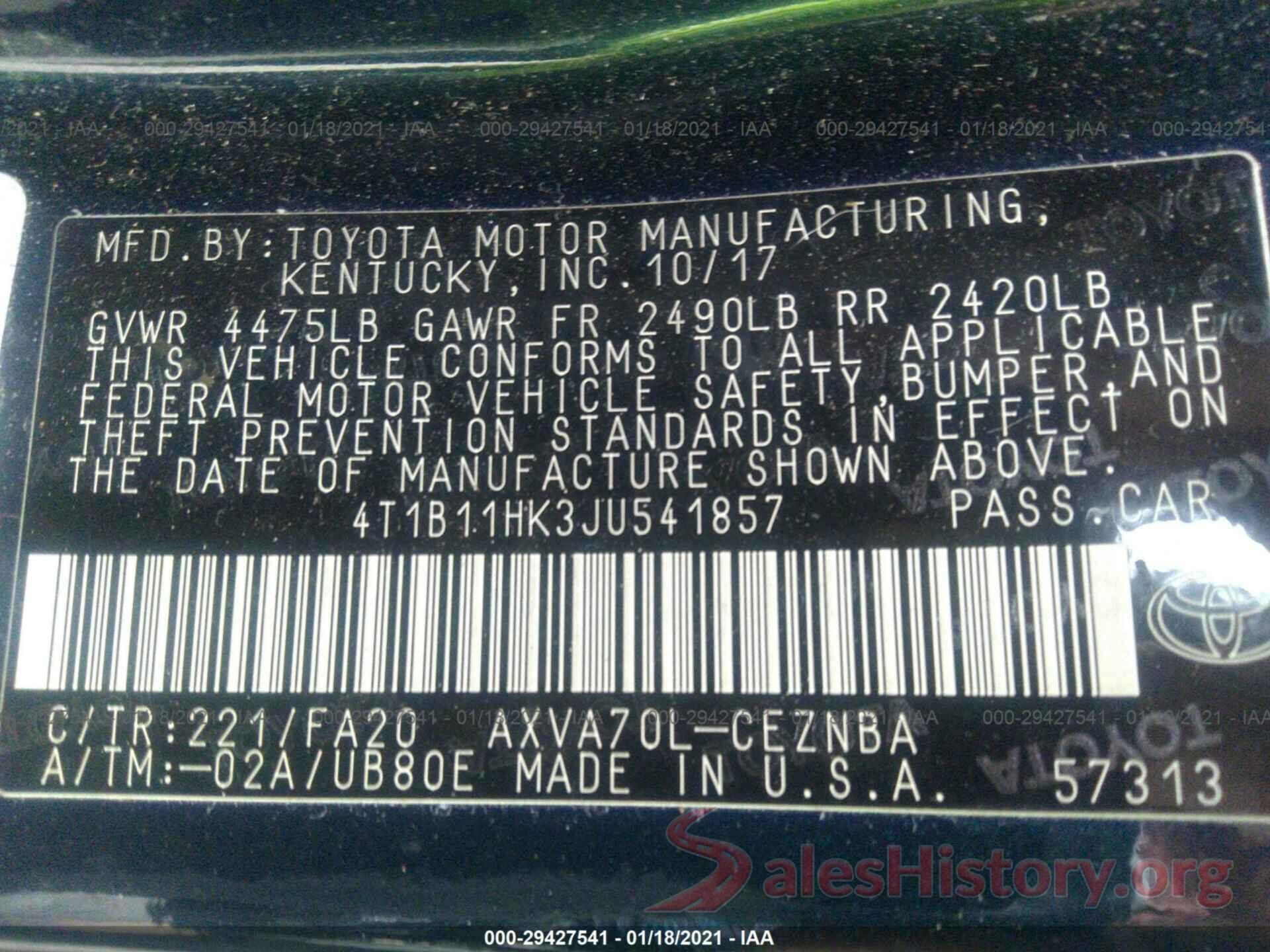 4T1B11HK3JU541857 2018 TOYOTA CAMRY