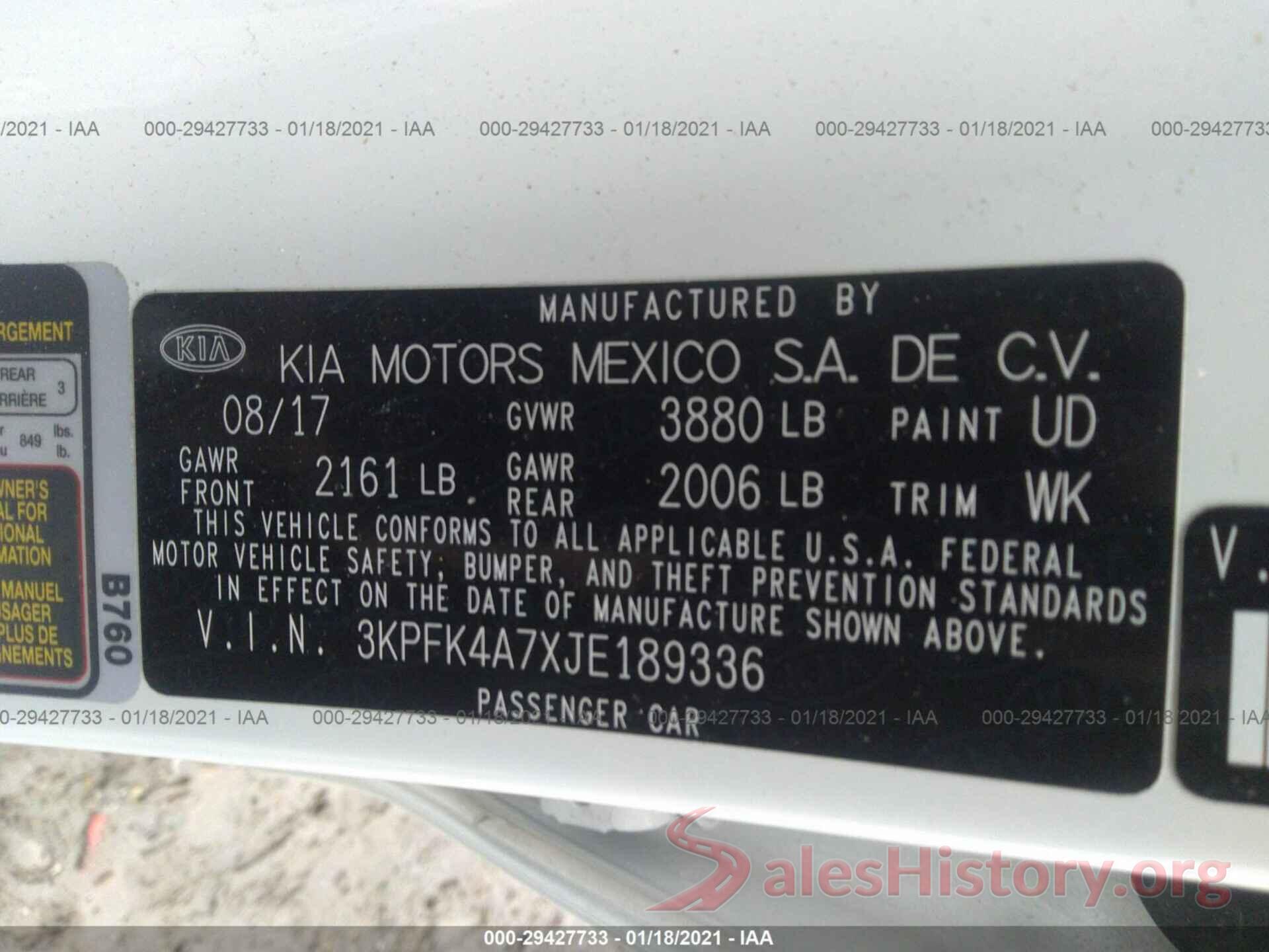 3KPFK4A7XJE189336 2018 KIA FORTE