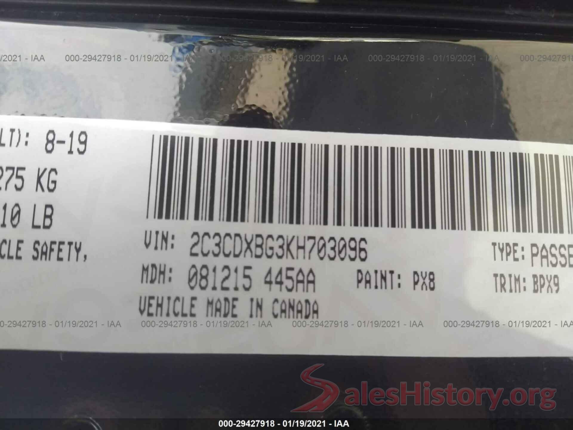 2C3CDXBG3KH703096 2019 DODGE CHARGER