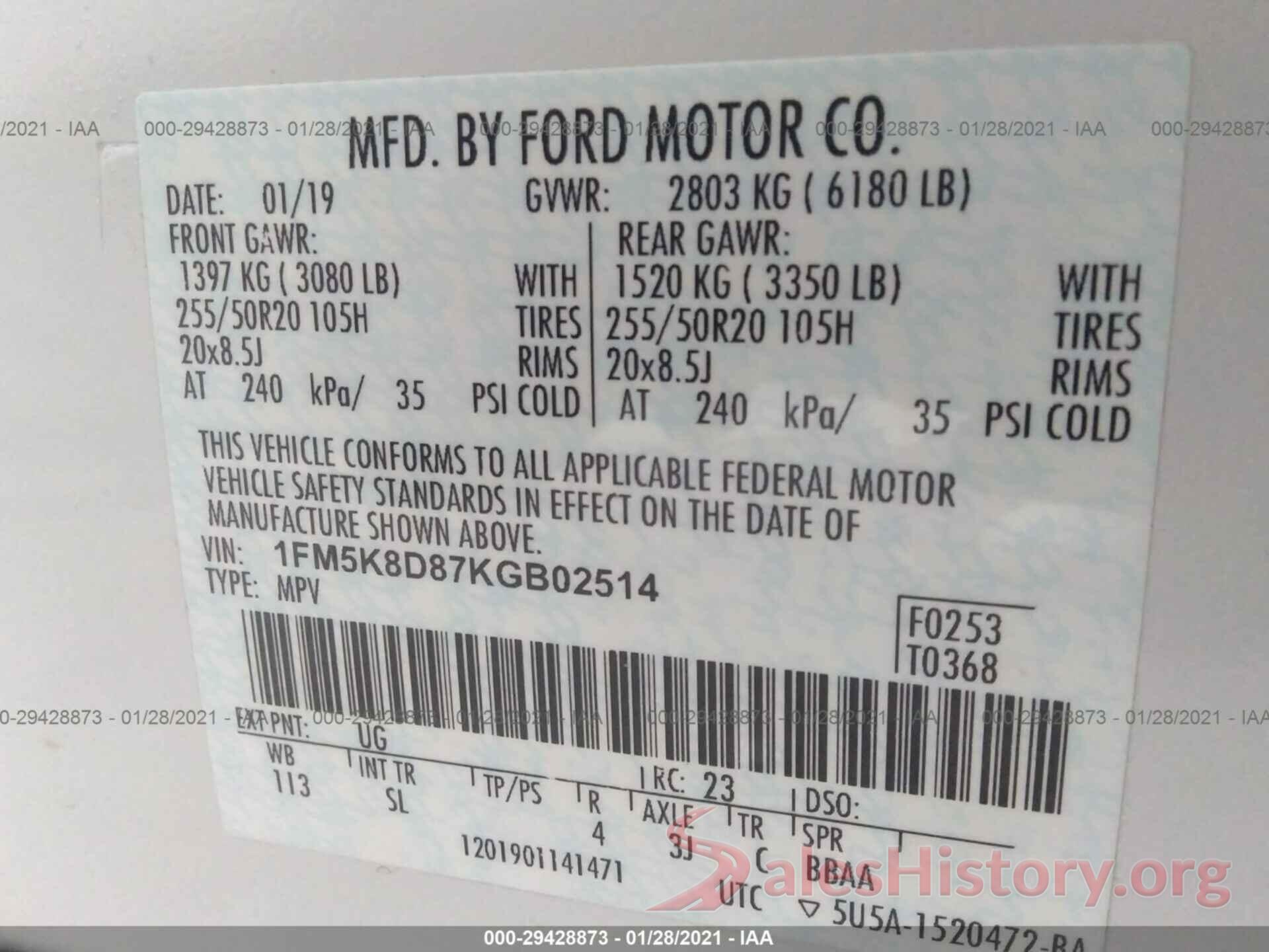 1FM5K8D87KGB02514 2019 FORD EXPLORER