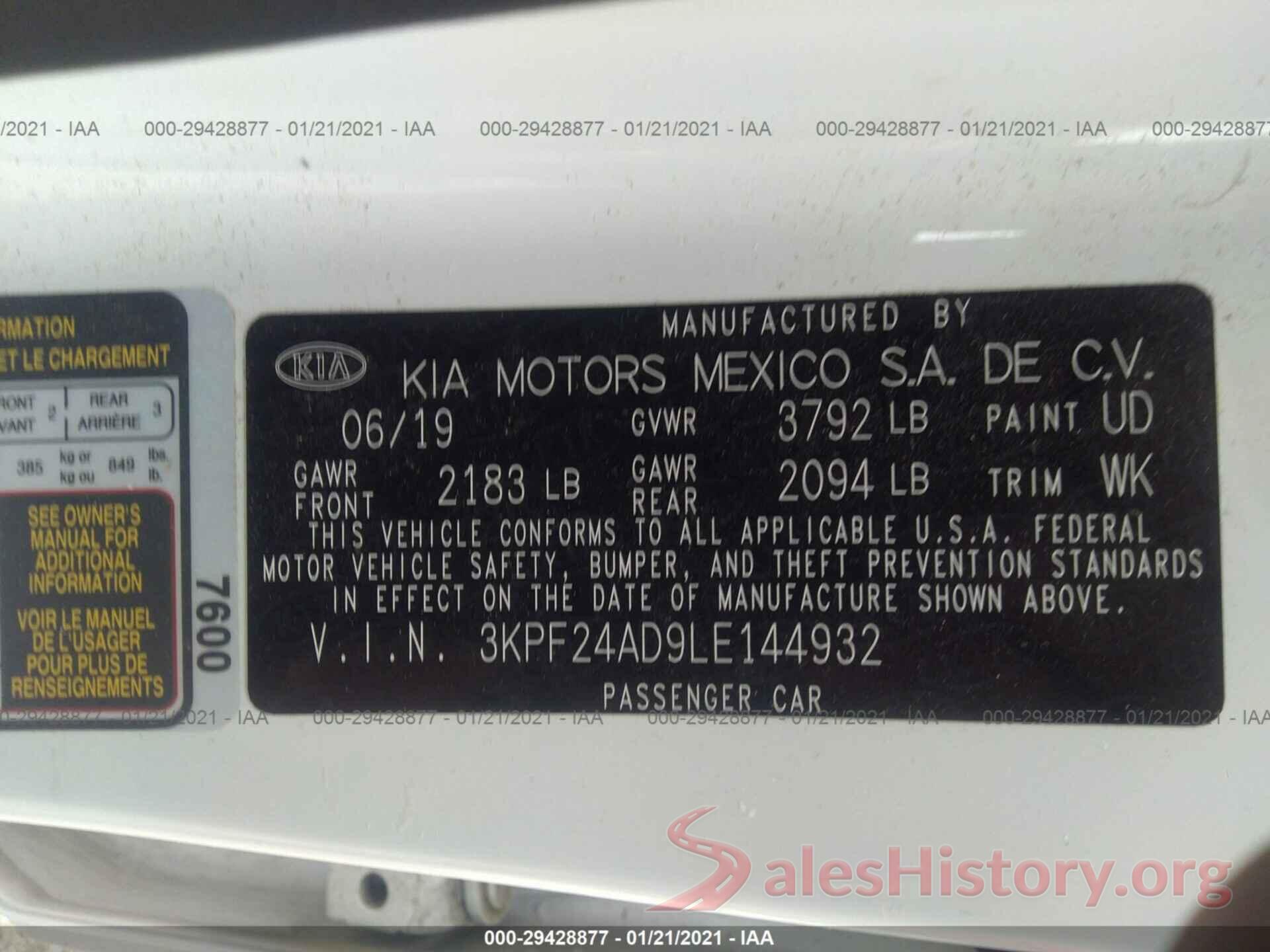 3KPF24AD9LE144932 2020 KIA FORTE