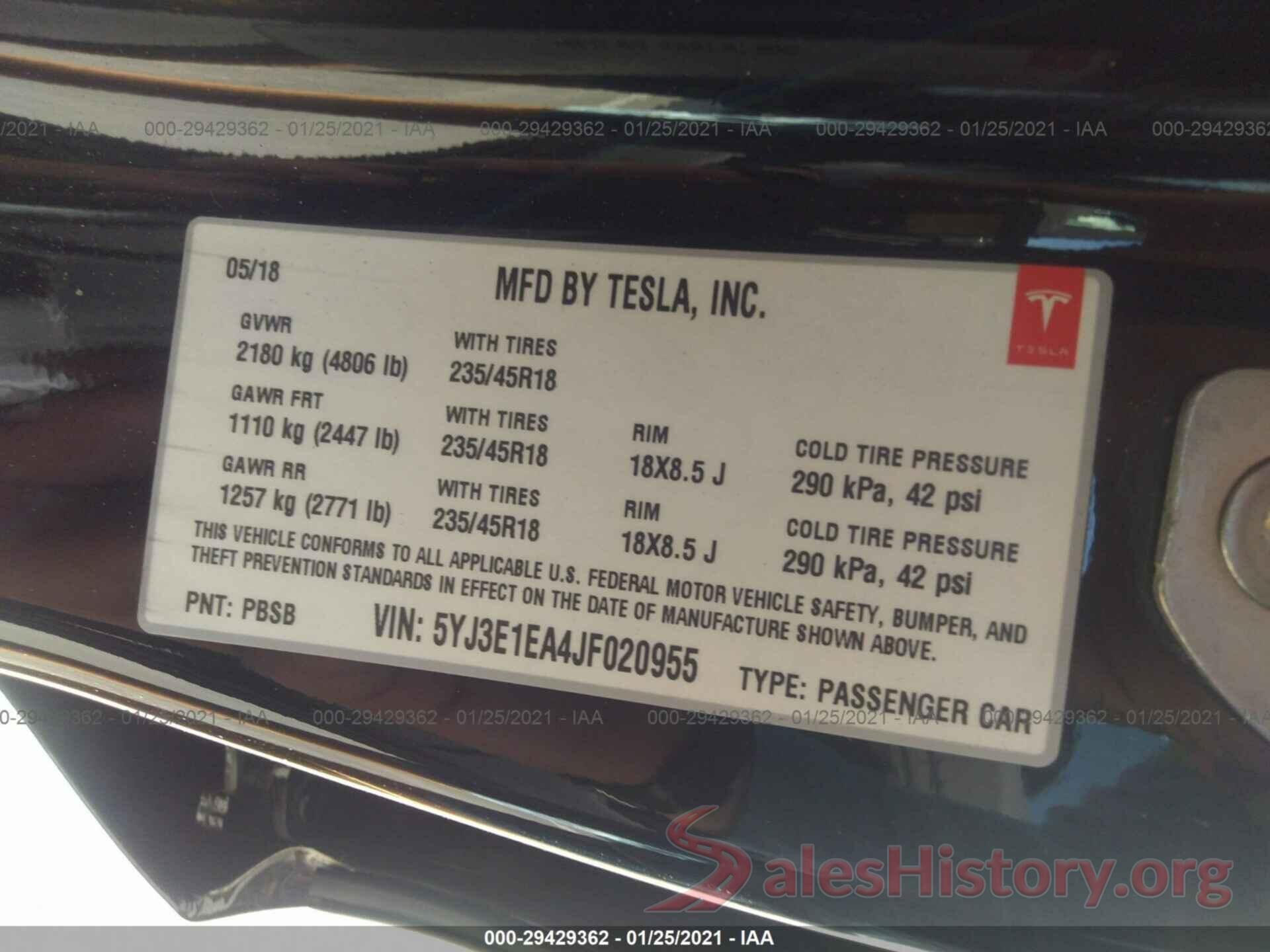 5YJ3E1EA4JF020955 2018 TESLA MODEL 3