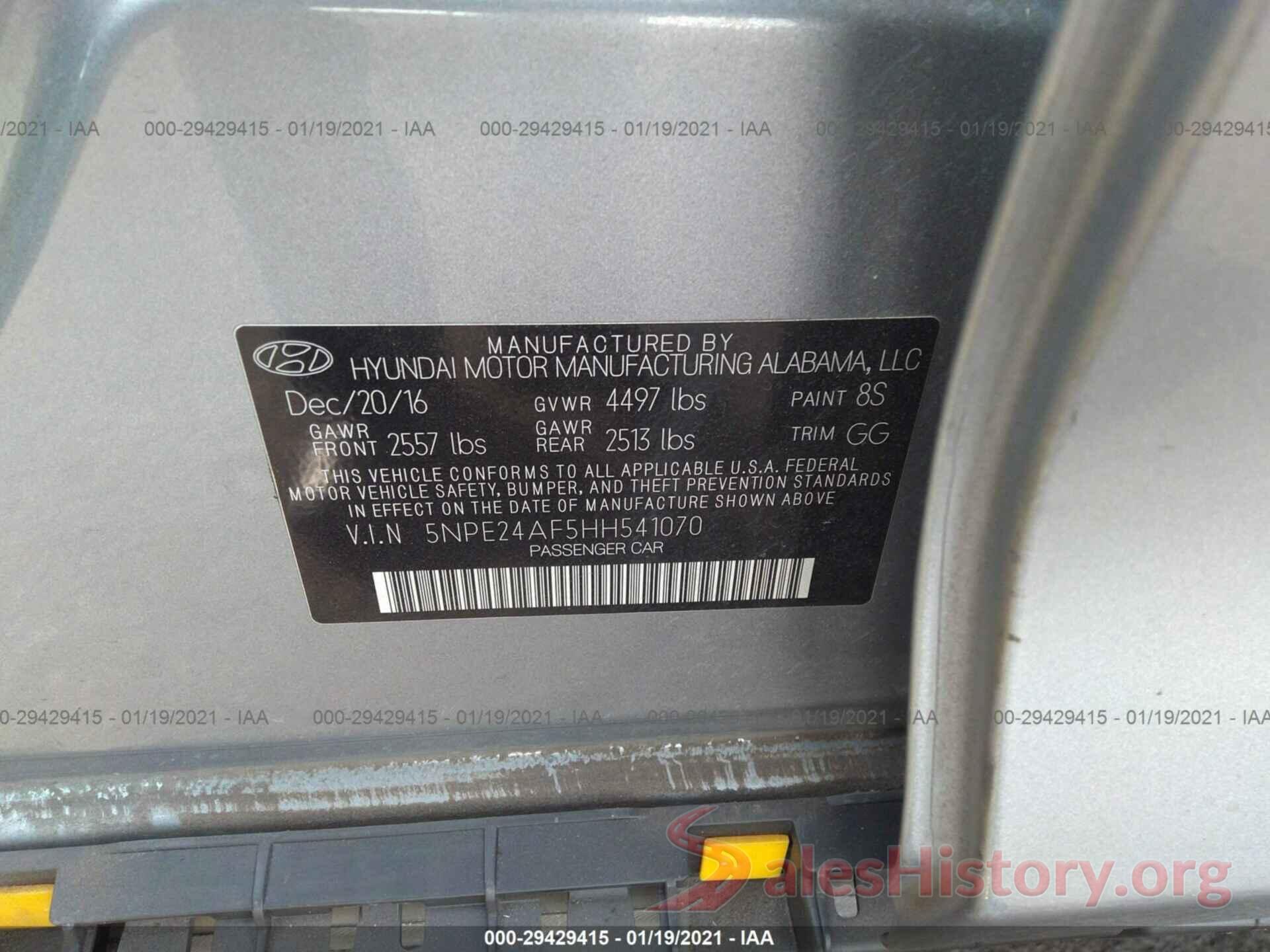 5NPE24AF5HH541070 2017 HYUNDAI SONATA