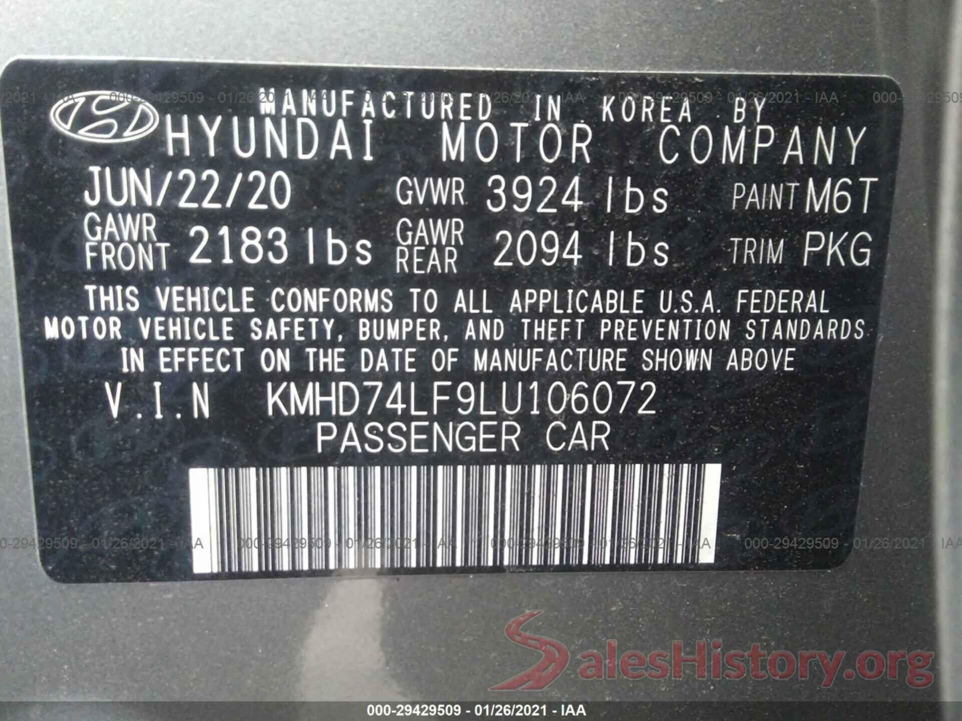 KMHD74LF9LU106072 2020 HYUNDAI ELANTRA