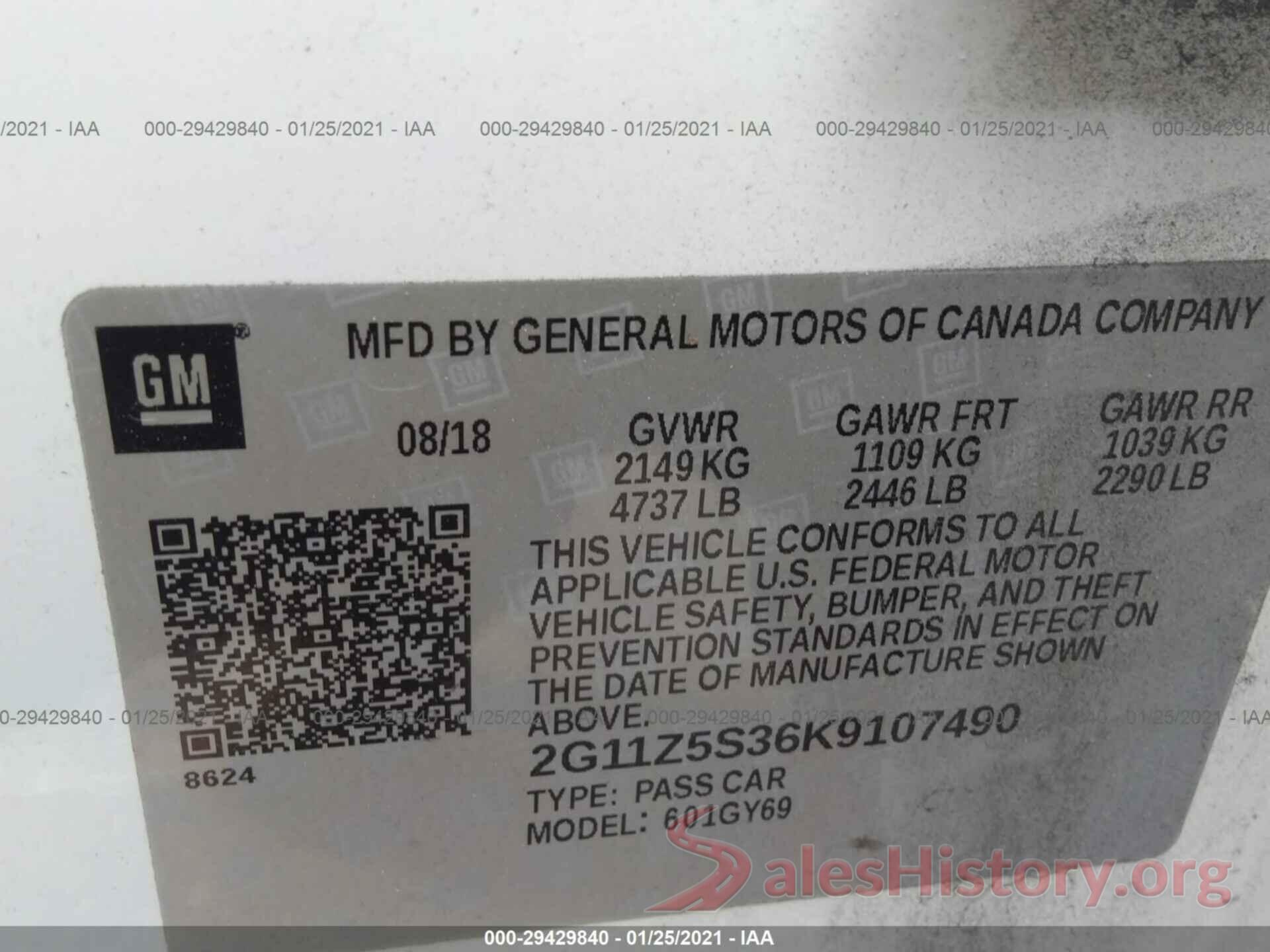 2G11Z5S36K9107490 2019 CHEVROLET IMPALA