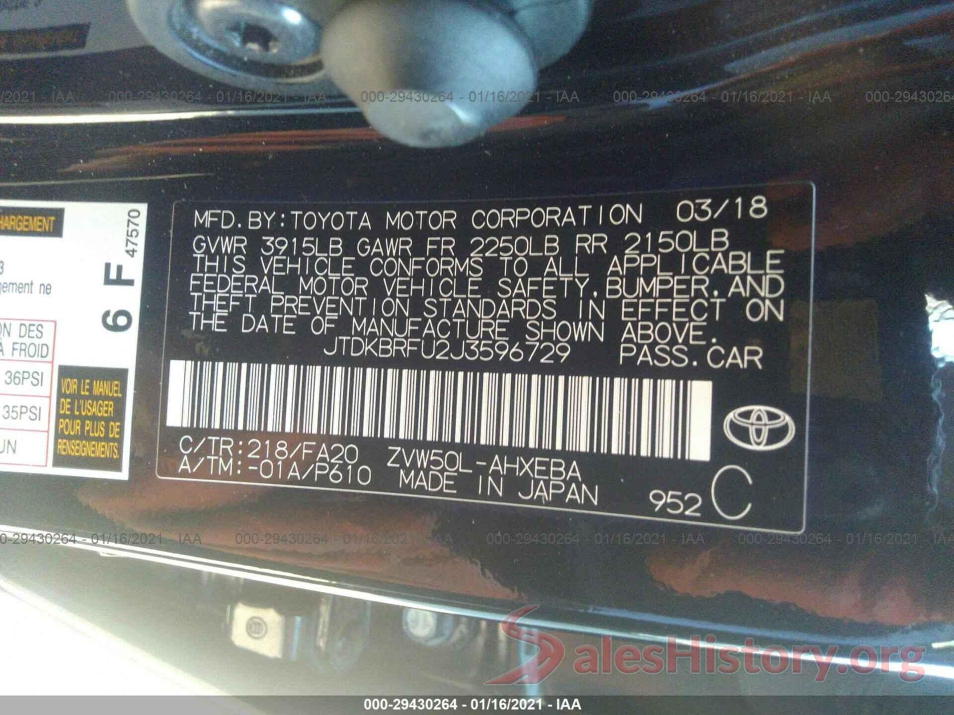 JTDKBRFU2J3596729 2018 TOYOTA PRIUS