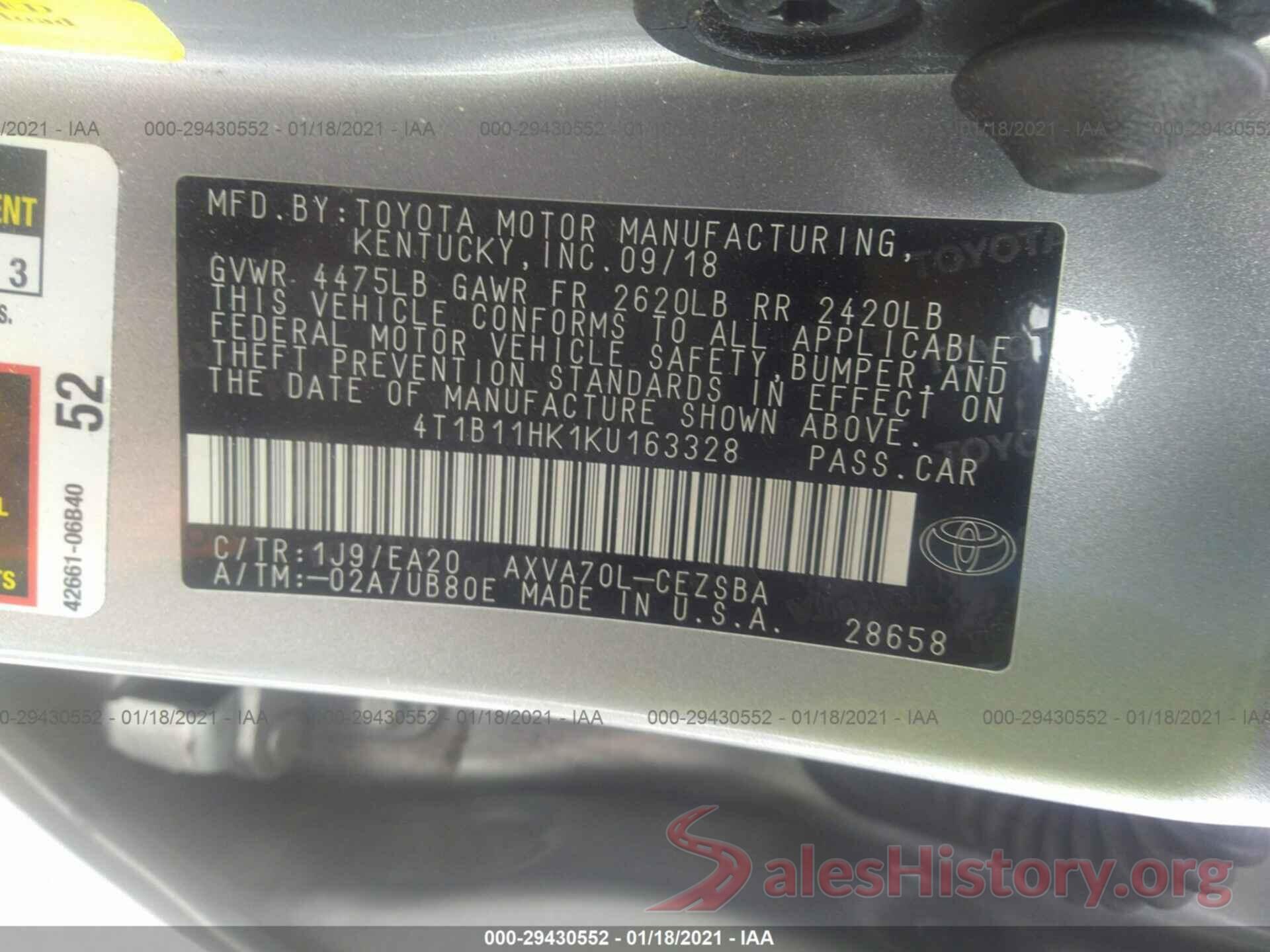 4T1B11HK1KU163328 2019 TOYOTA CAMRY