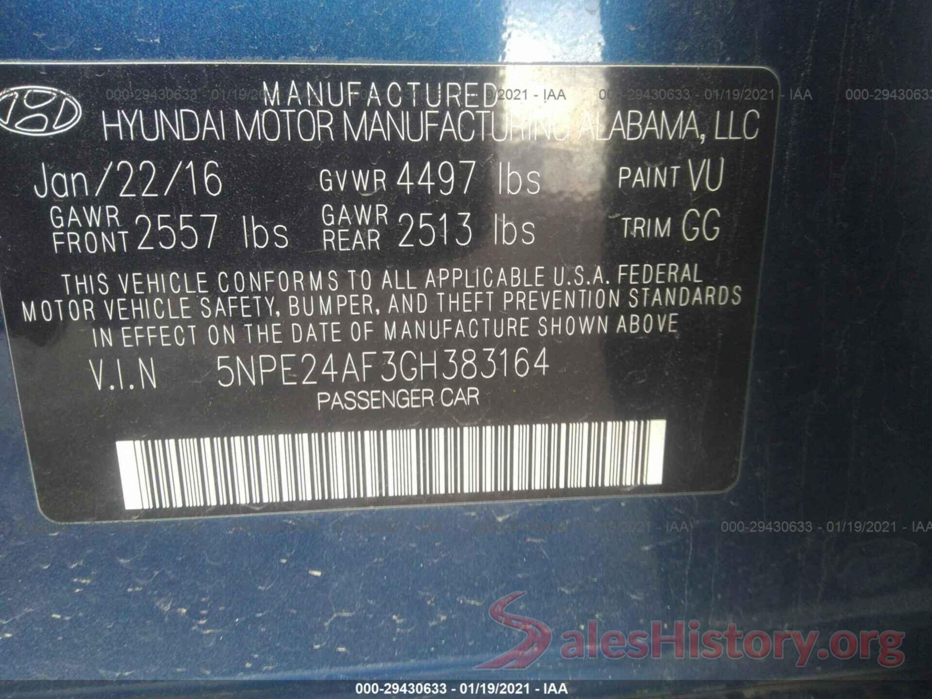 5NPE24AF3GH383164 2016 HYUNDAI SONATA