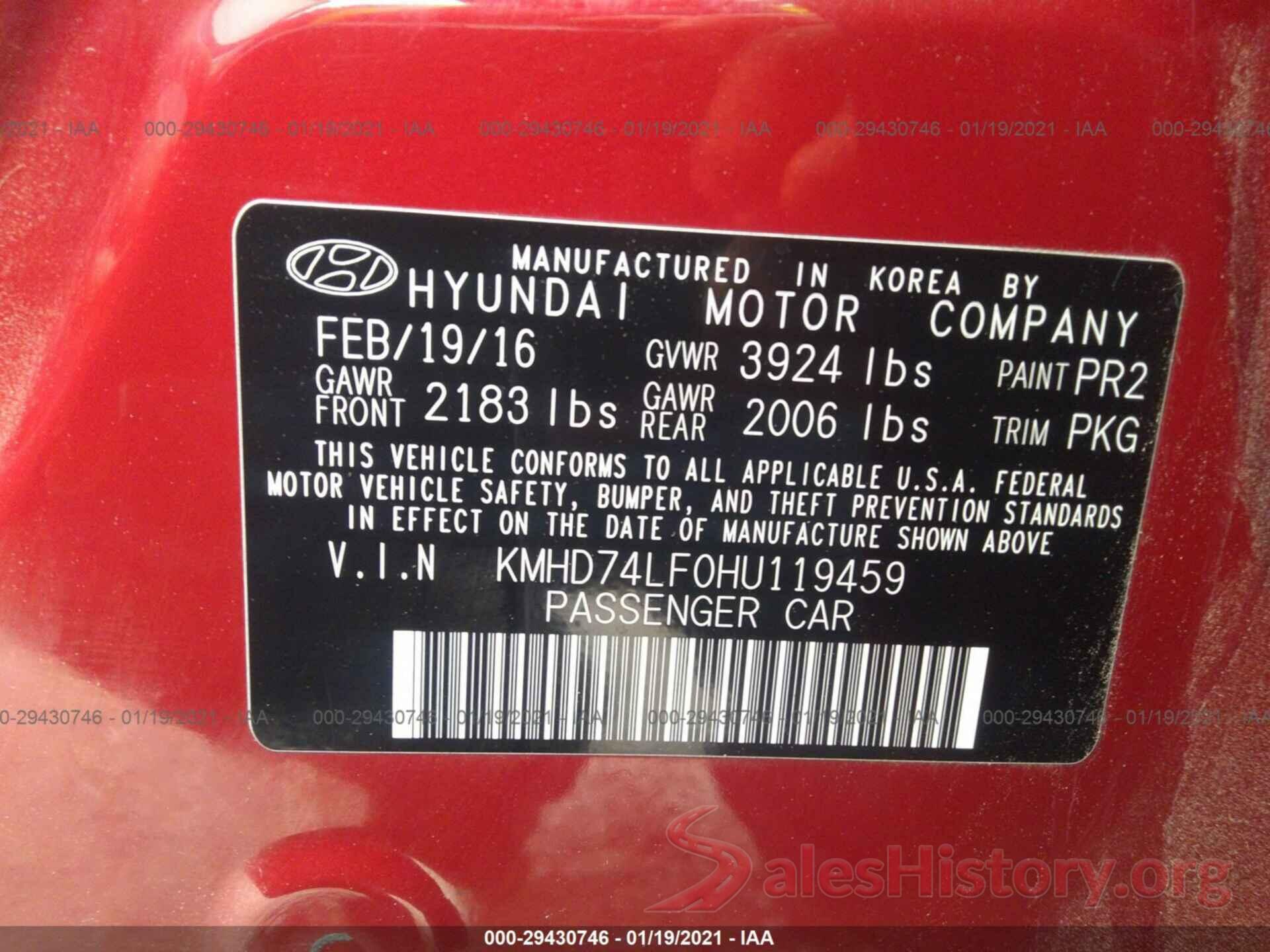 KMHD74LF0HU119459 2017 HYUNDAI ELANTRA