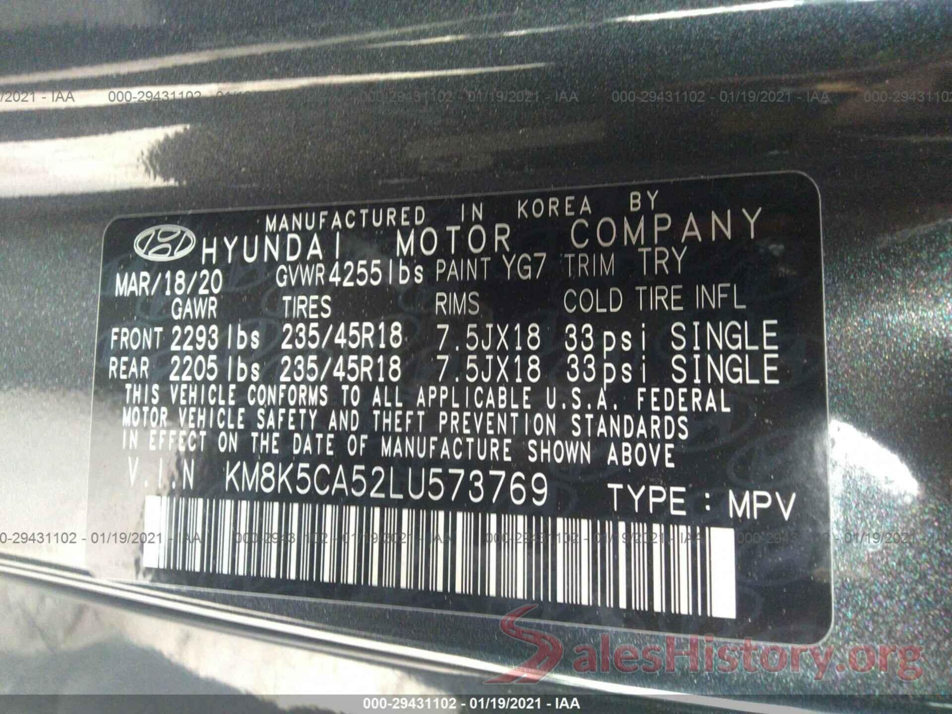 KM8K5CA52LU573769 2020 HYUNDAI KONA