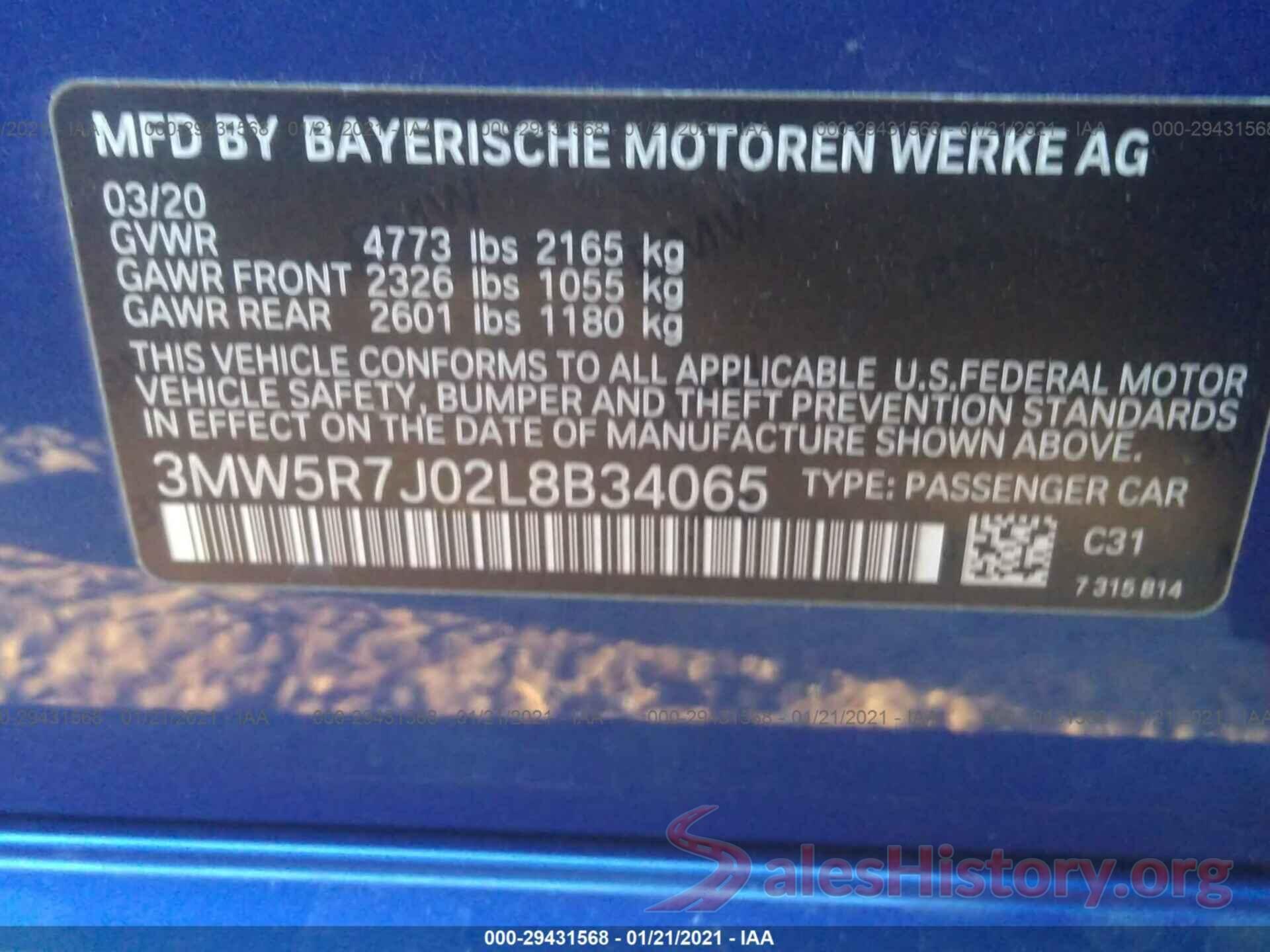 3MW5R7J02L8B34065 2020 BMW 3 SERIES