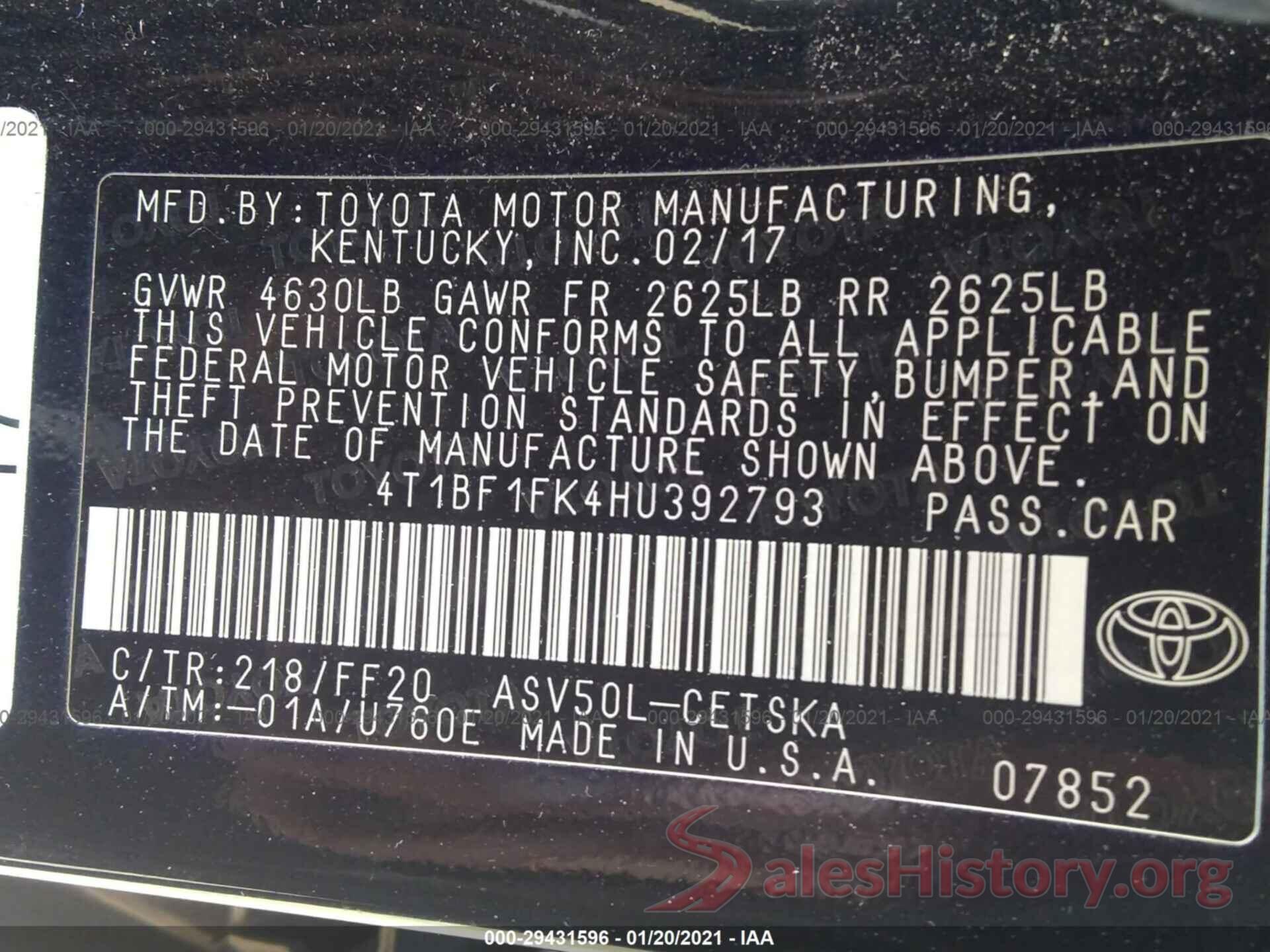 4T1BF1FK4HU392793 2017 TOYOTA CAMRY