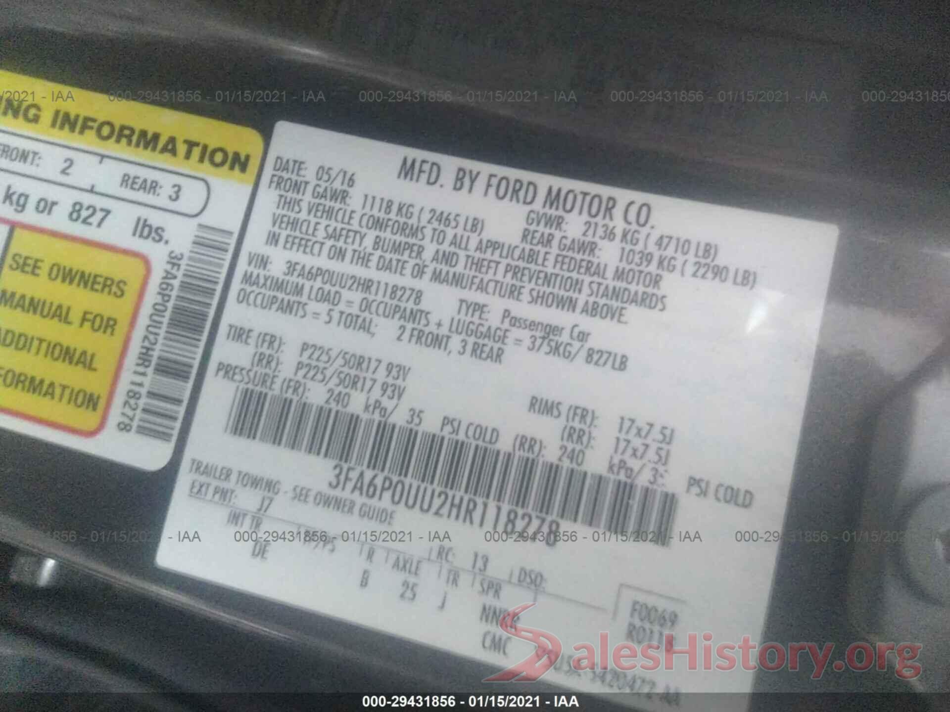 3FA6P0UU2HR118278 2017 FORD FUSION