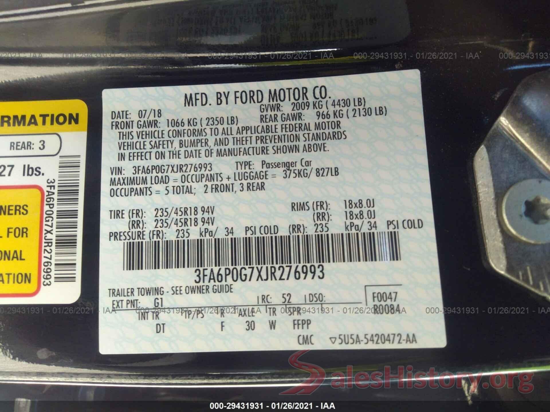 3FA6P0G7XJR276993 2018 FORD FUSION