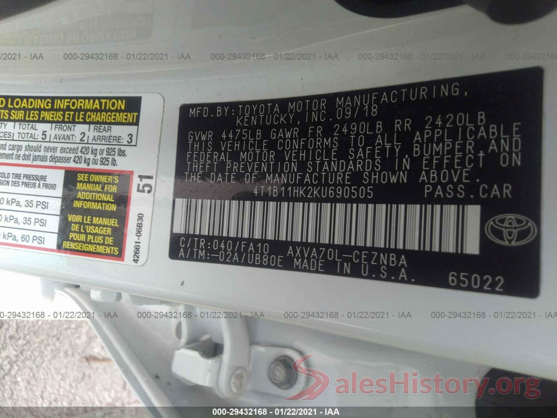 4T1B11HK2KU690505 2019 TOYOTA CAMRY