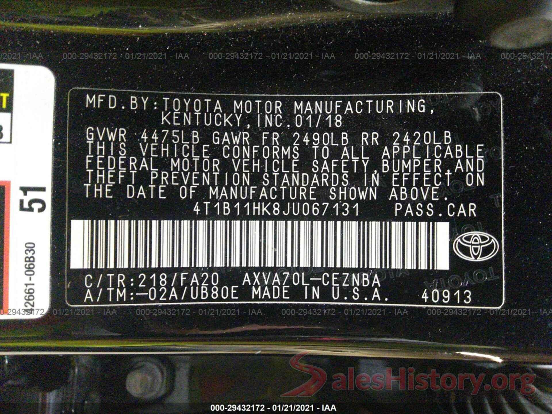 4T1B11HK8JU067131 2018 TOYOTA CAMRY