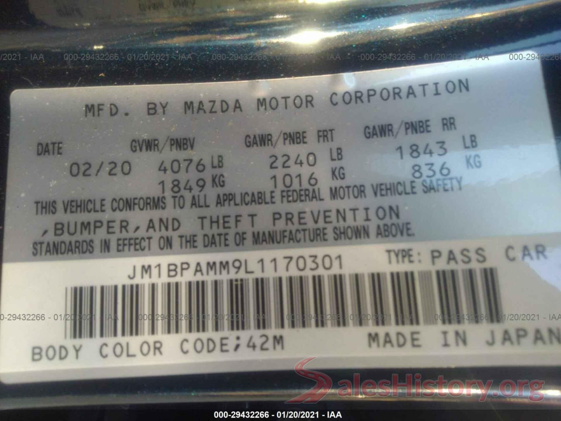 JM1BPAMM9L1170301 2020 MAZDA MAZDA3 HATCHBACK