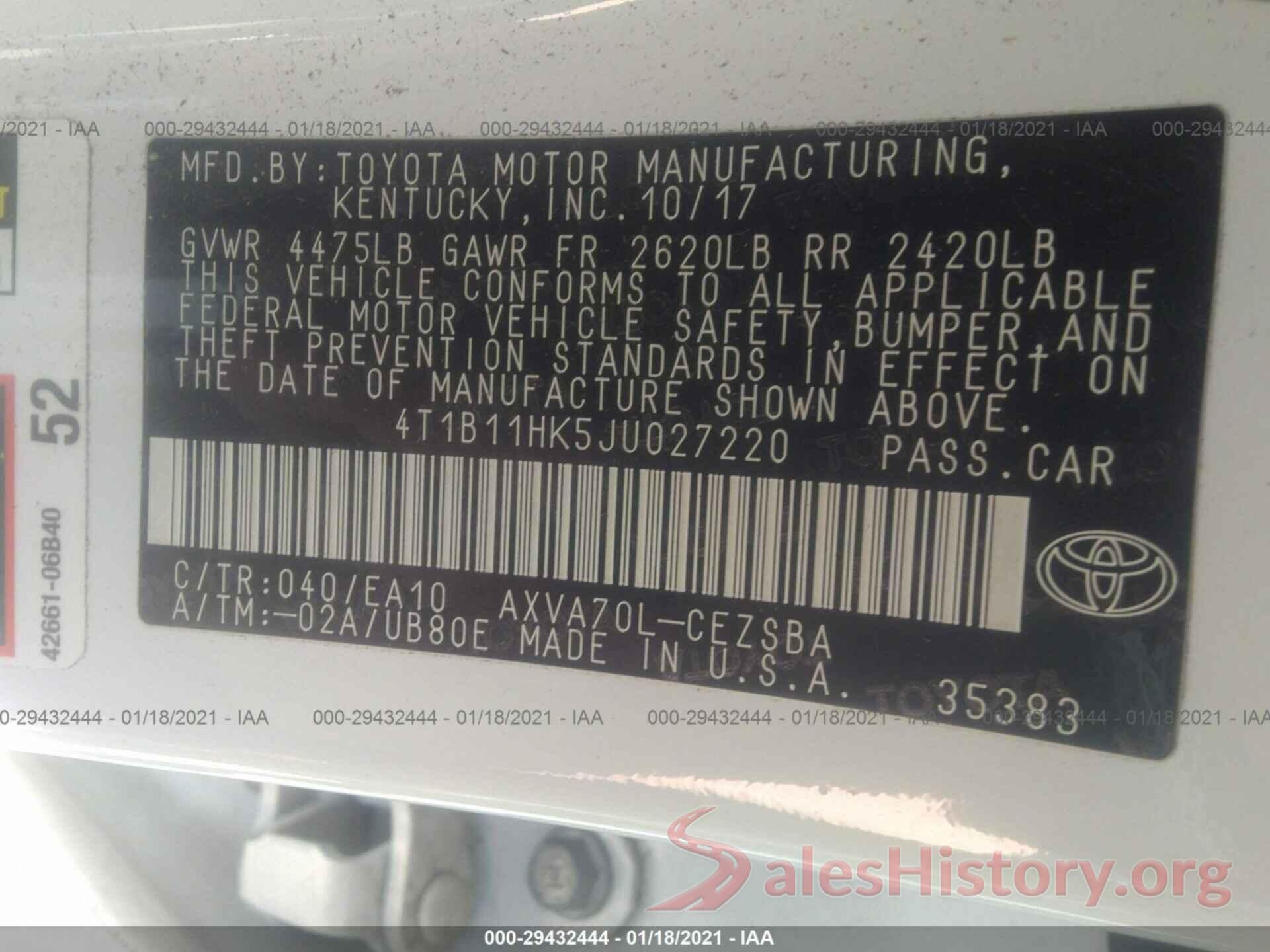 4T1B11HK5JU027220 2018 TOYOTA CAMRY