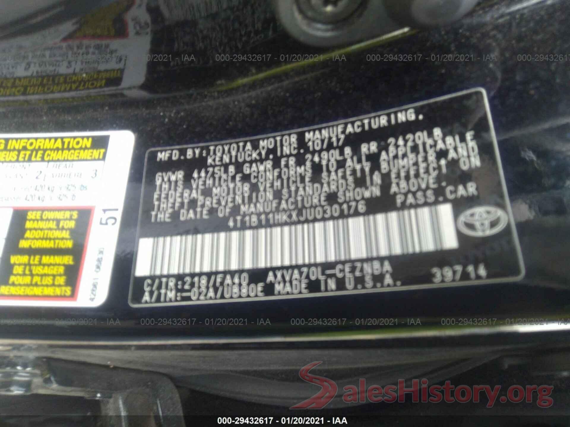 4T1B11HKXJU030176 2018 TOYOTA CAMRY