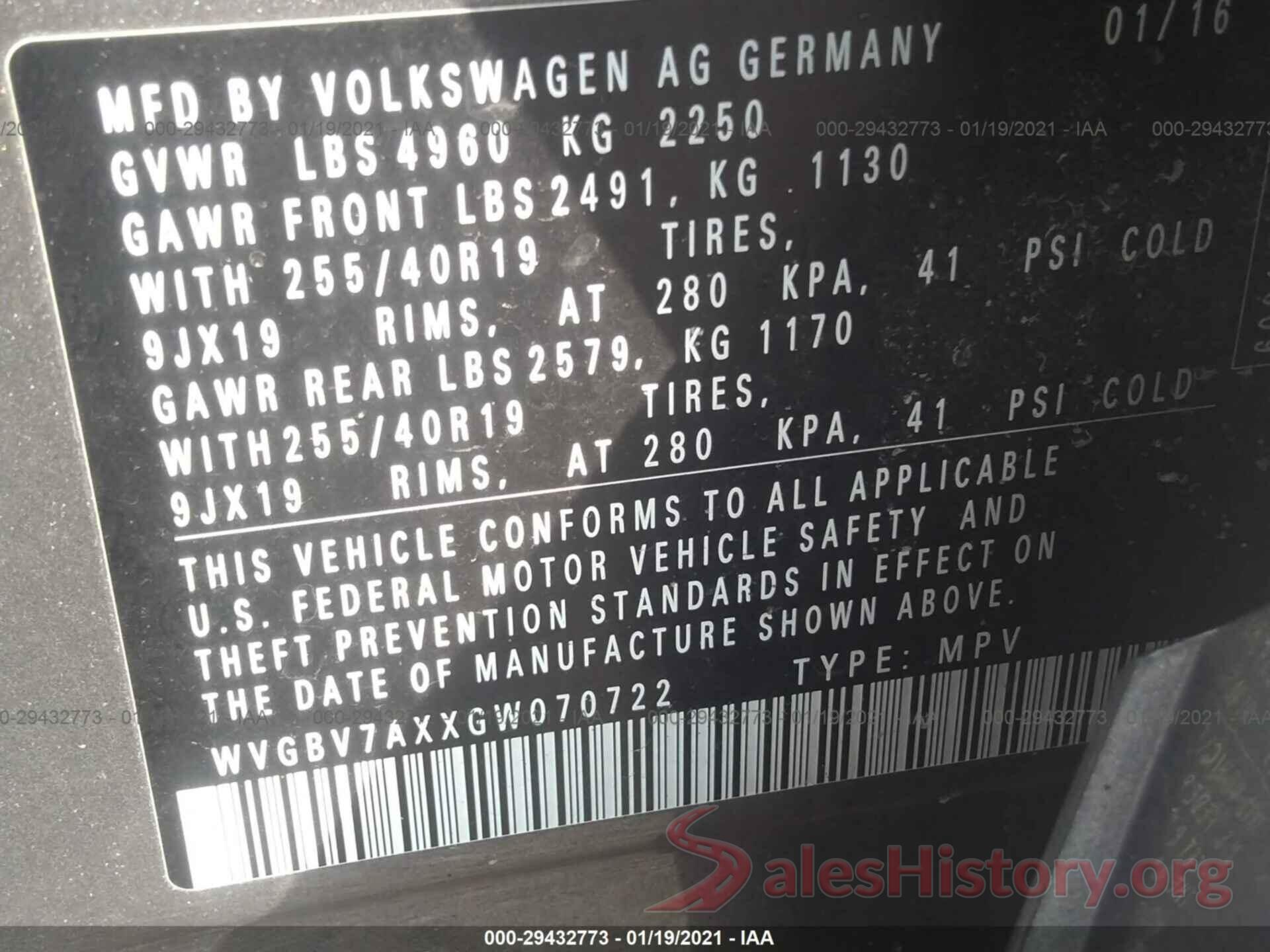 WVGBV7AXXGW070722 2016 VOLKSWAGEN TIGUAN