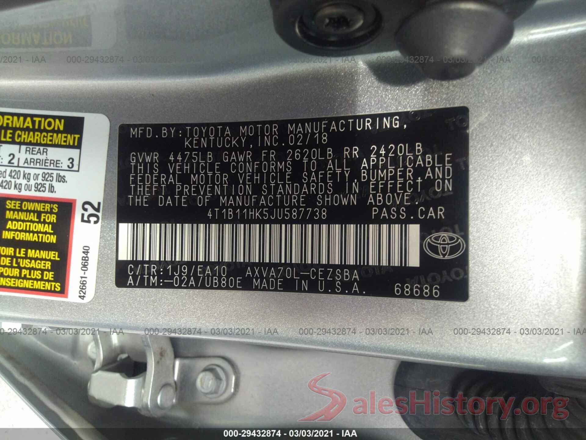 4T1B11HK5JU587738 2018 TOYOTA CAMRY