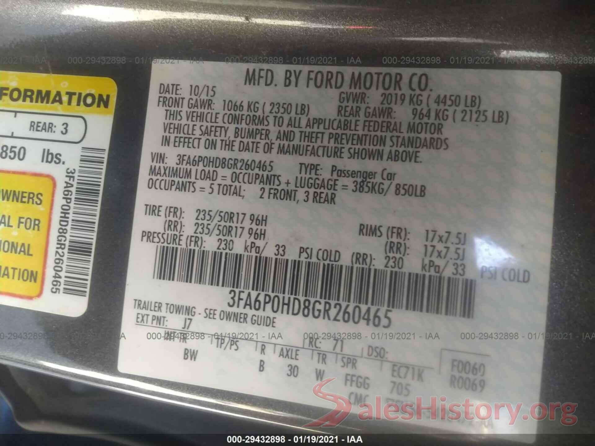 3FA6P0HD8GR260465 2016 FORD FUSION