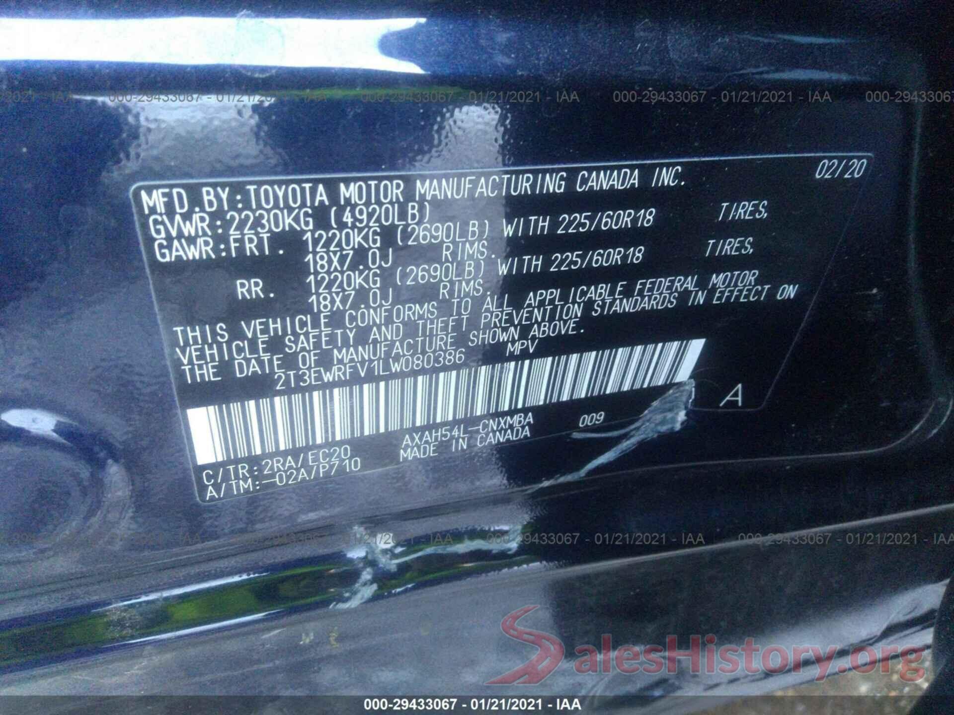 2T3EWRFV1LW080386 2020 TOYOTA RAV4