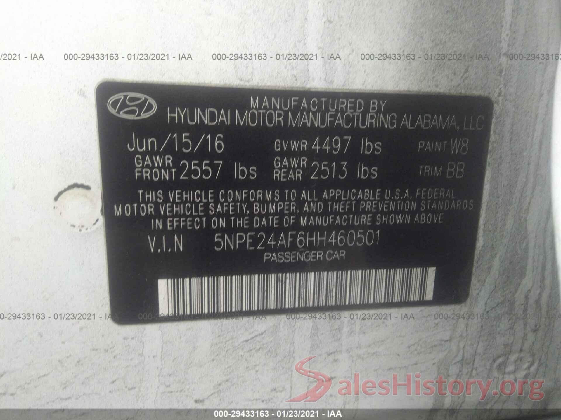 5NPE24AF6HH460501 2017 HYUNDAI SONATA