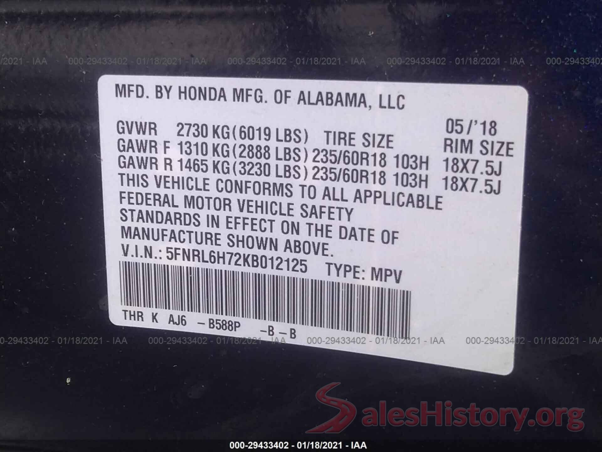 5FNRL6H72KB012125 2019 HONDA ODYSSEY