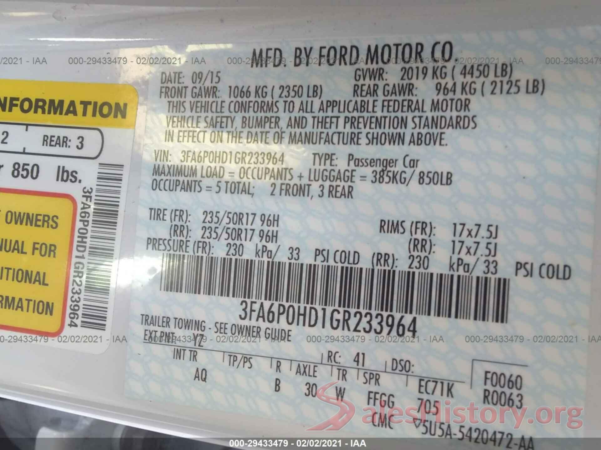 3FA6P0HD1GR233964 2016 FORD FUSION