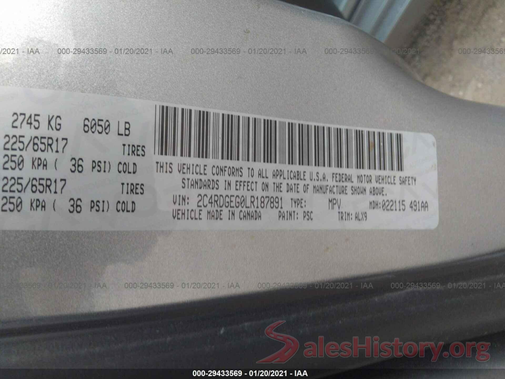 2C4RDGEG0LR187891 2020 DODGE GRAND CARAVAN