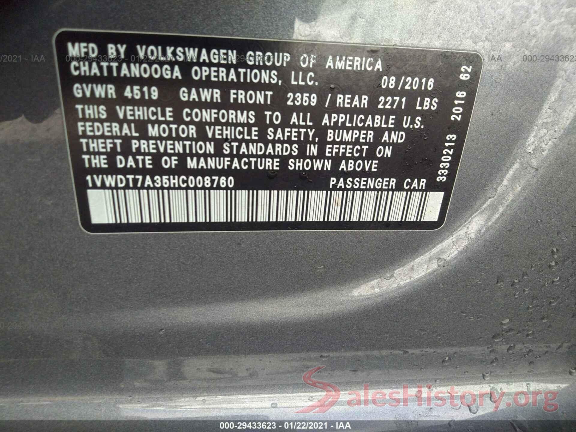 1VWDT7A35HC008760 2017 VOLKSWAGEN PASSAT