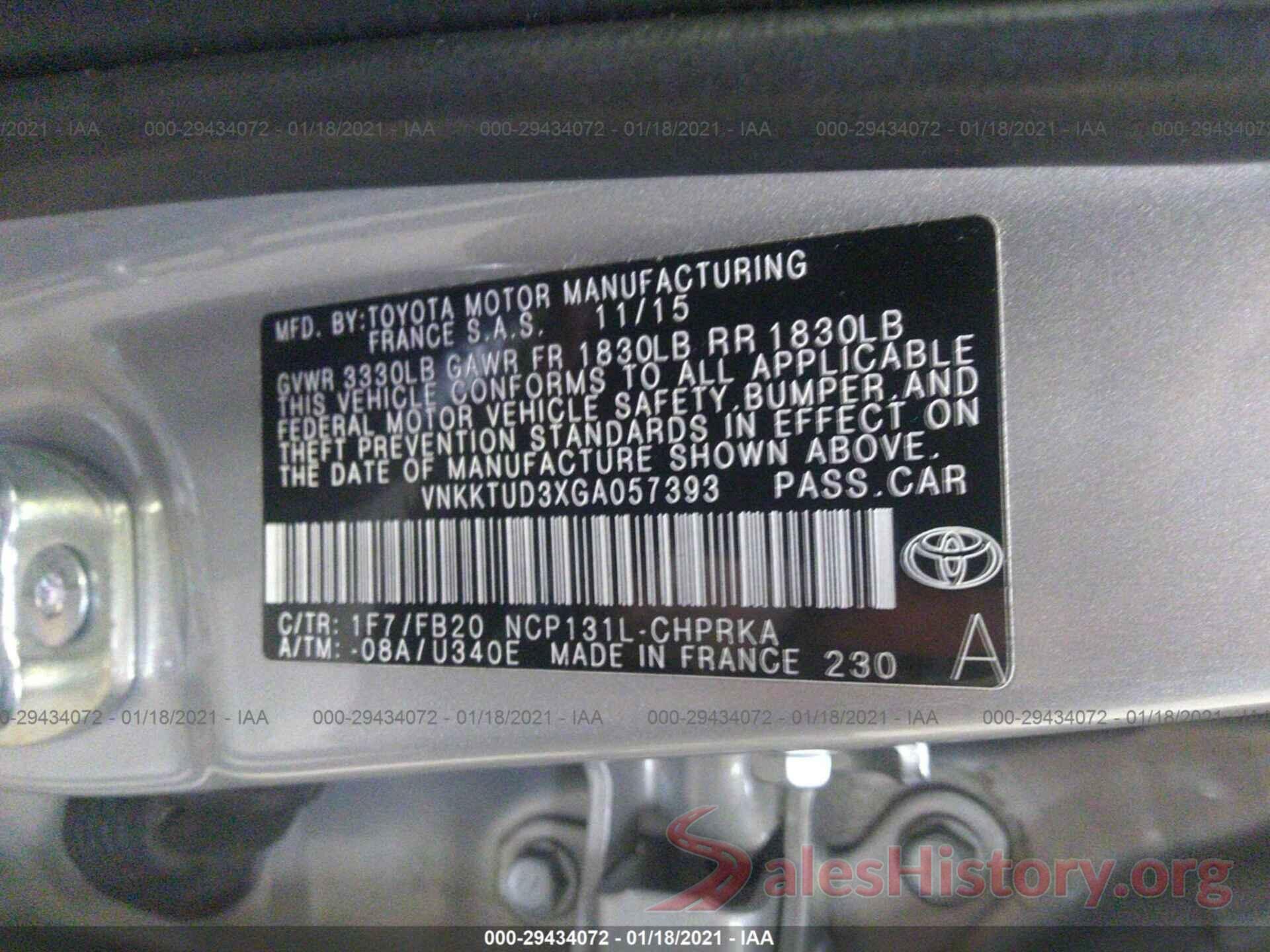 VNKKTUD3XGA057393 2016 TOYOTA YARIS