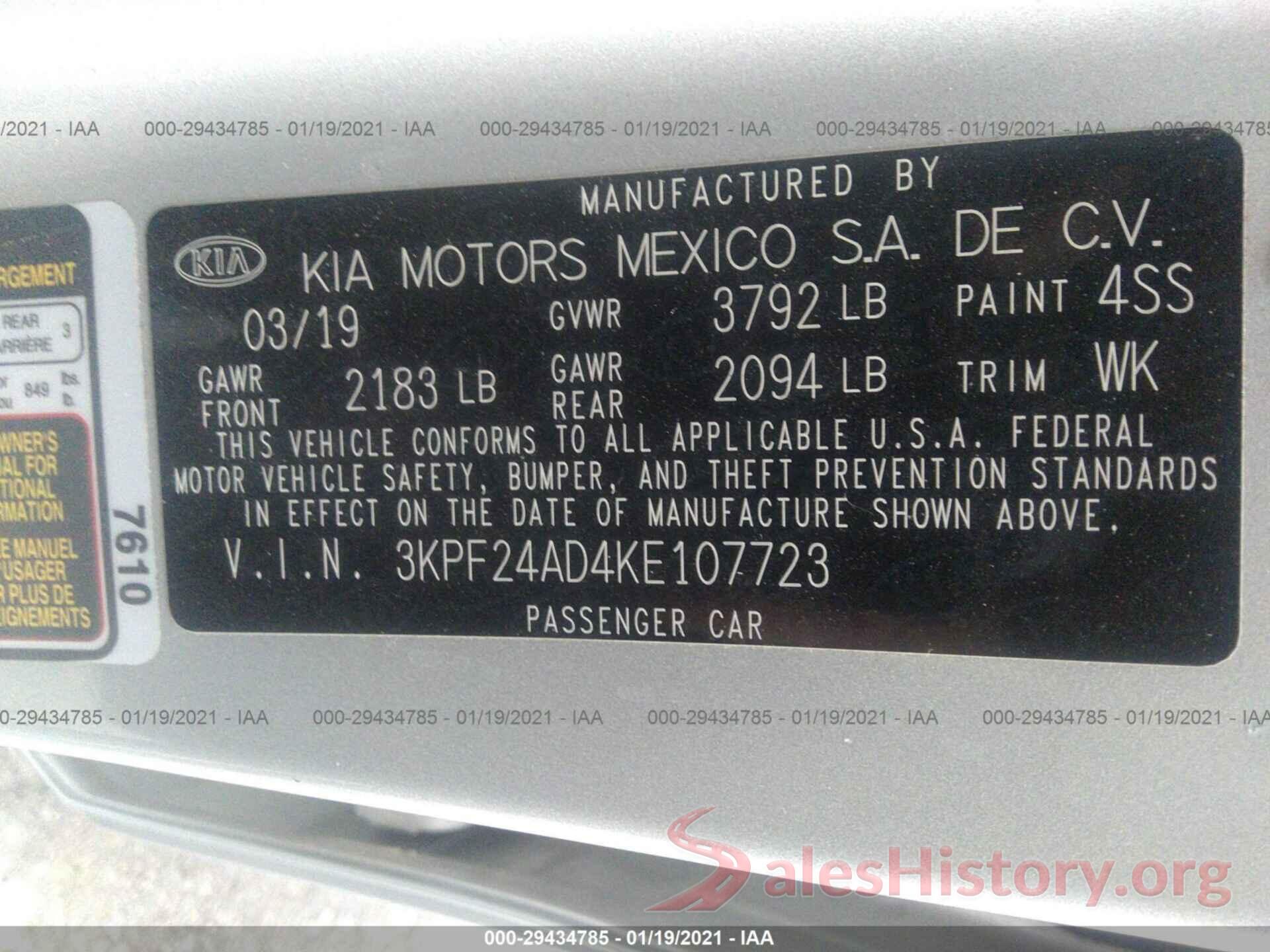 3KPF24AD4KE107723 2019 KIA FORTE