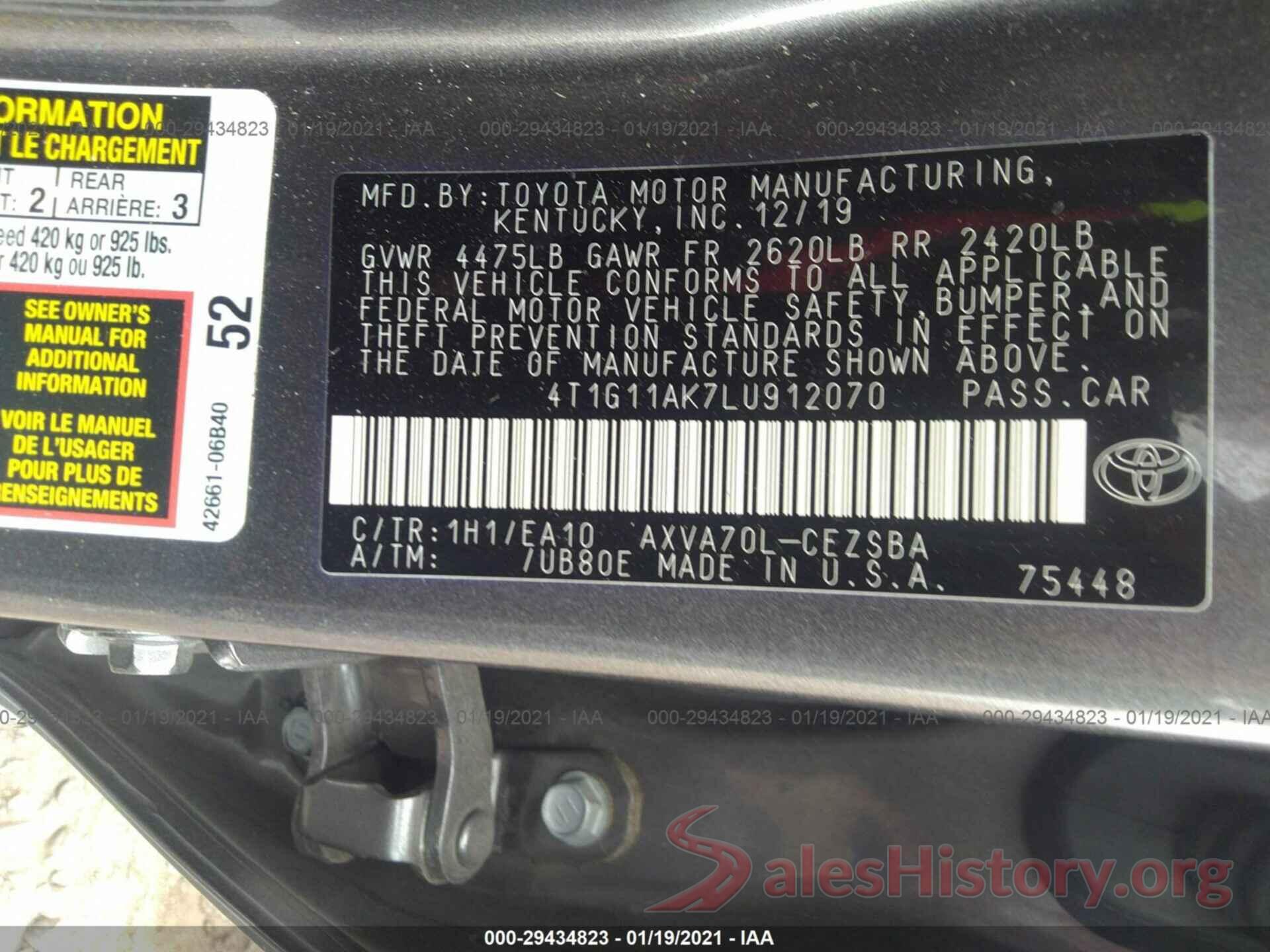 4T1G11AK7LU912070 2020 TOYOTA CAMRY