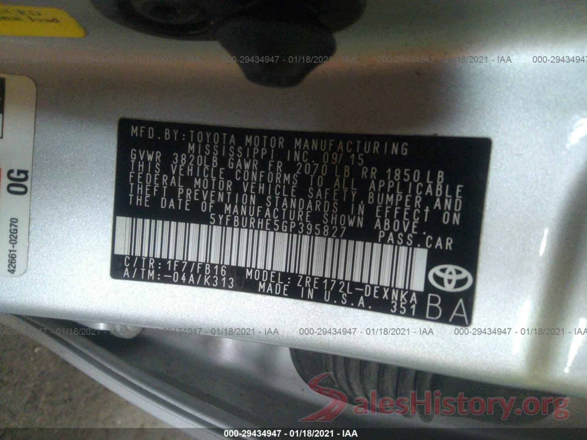 5YFBURHE5GP395827 2016 TOYOTA COROLLA