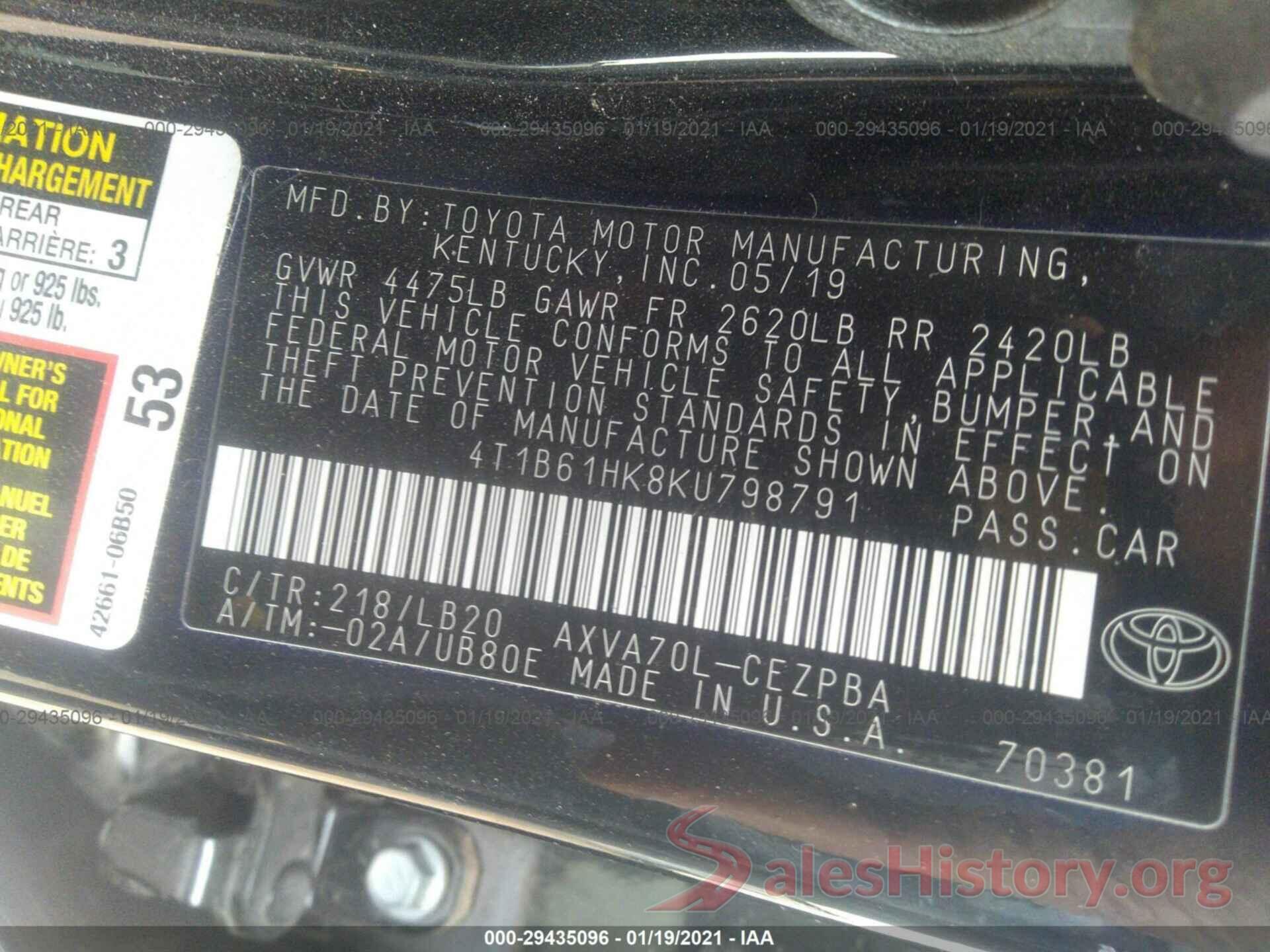 4T1B61HK8KU798791 2019 TOYOTA CAMRY