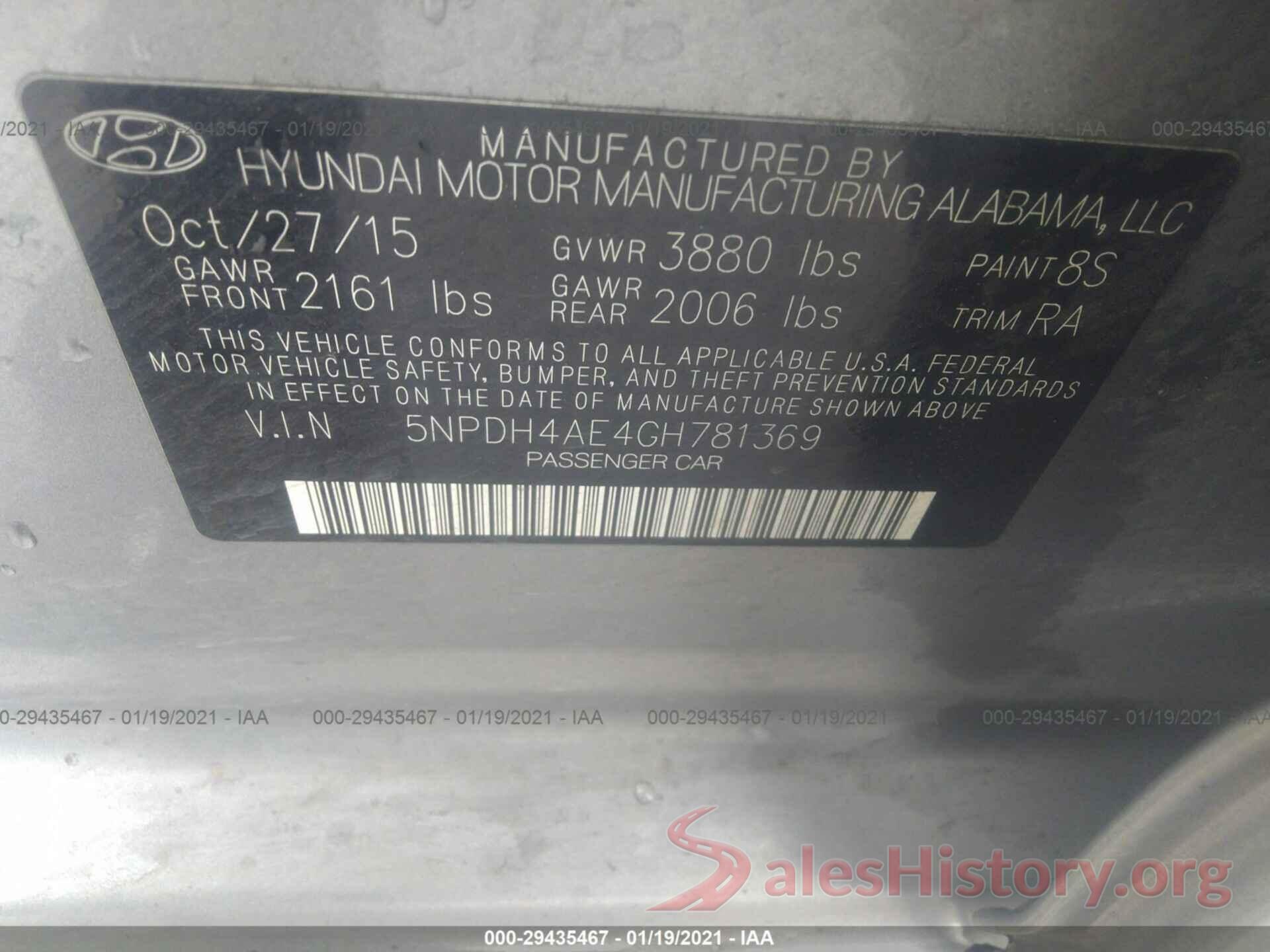 5NPDH4AE4GH781369 2016 HYUNDAI ELANTRA