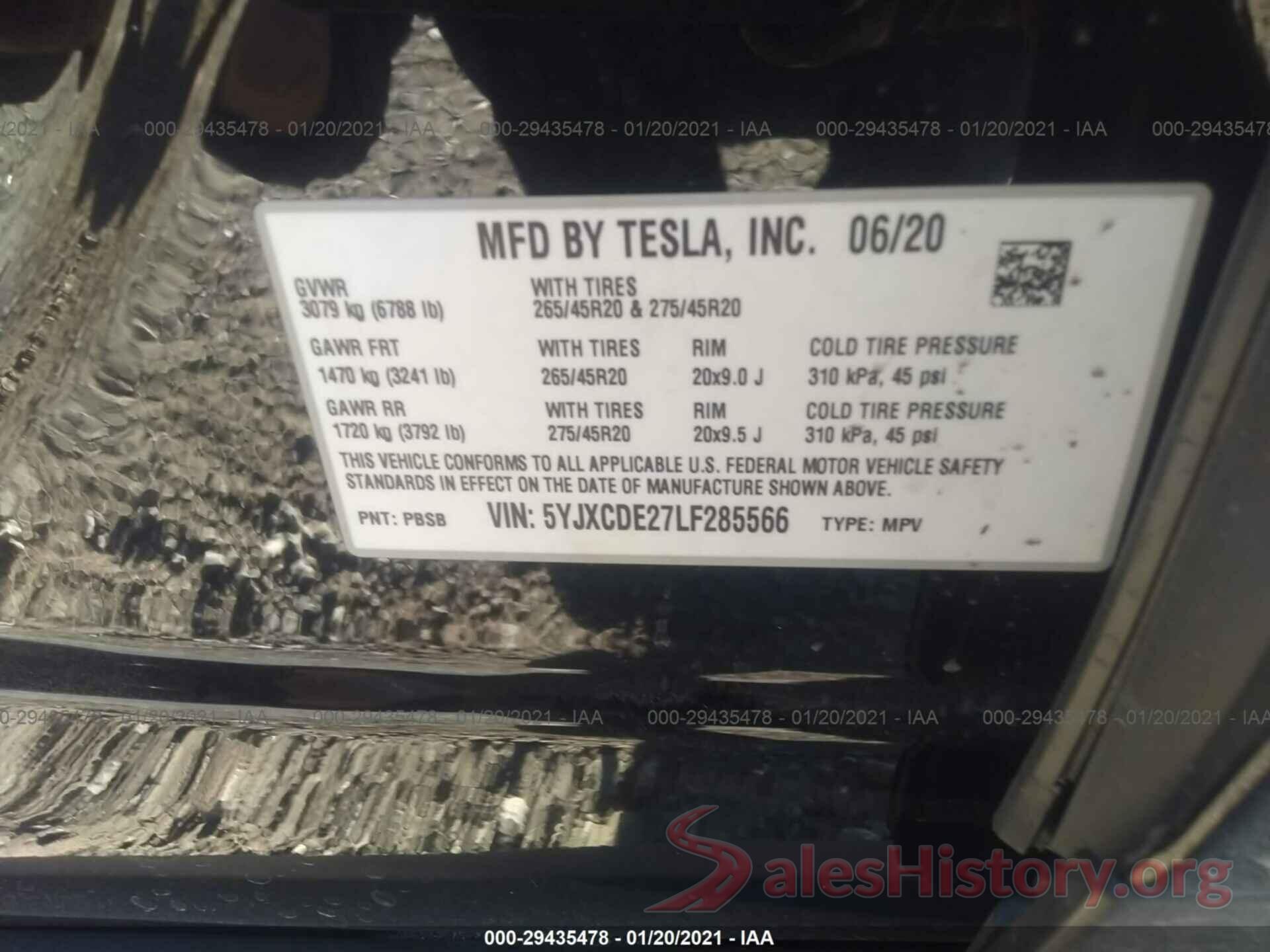 5YJXCDE27LF285566 2020 TESLA MODEL X