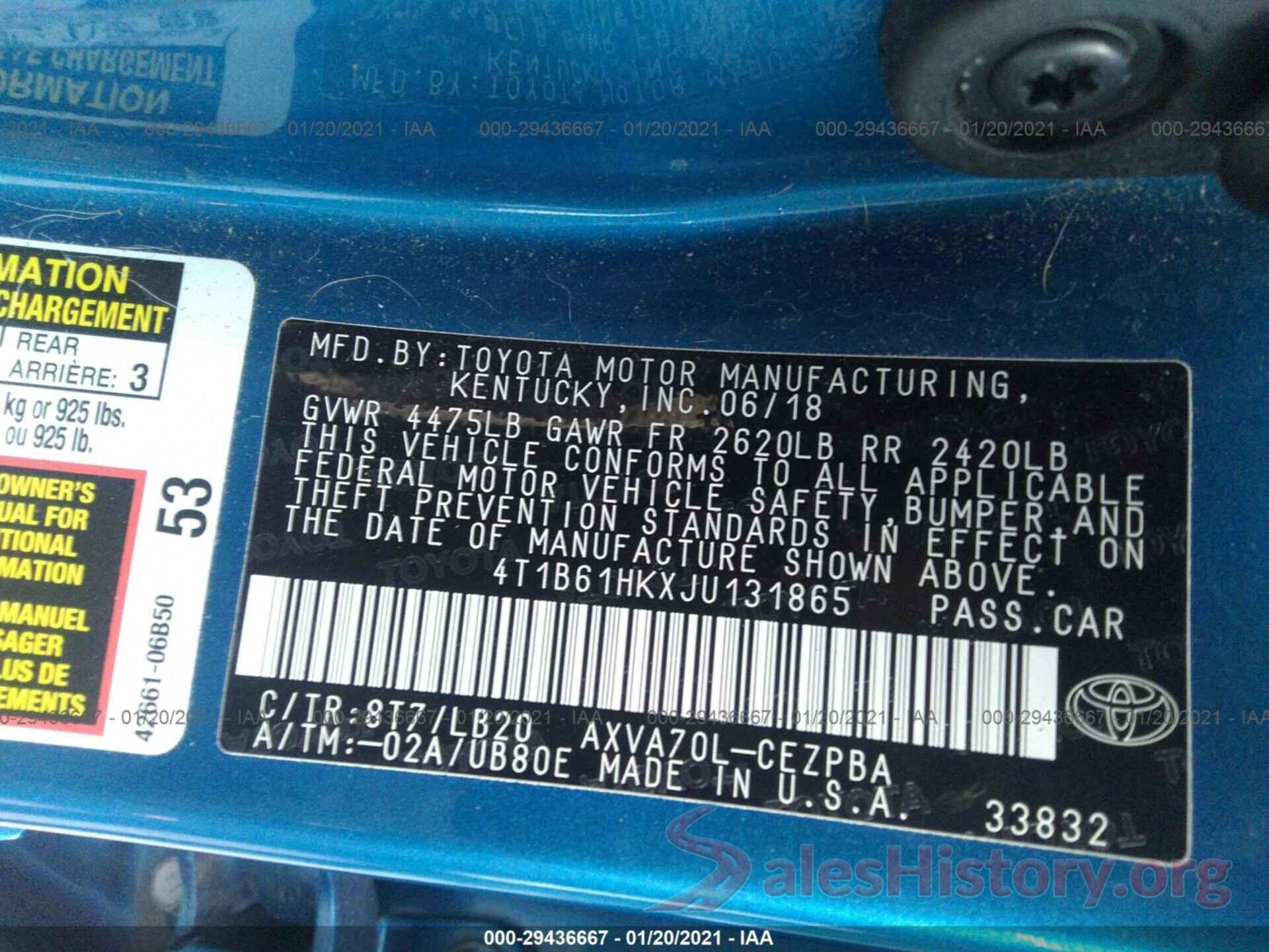 4T1B61HKXJU131865 2018 TOYOTA CAMRY