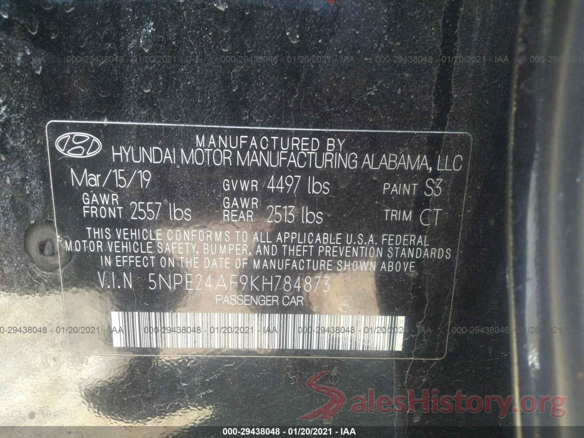 5NPE24AF9KH784873 2019 HYUNDAI SONATA