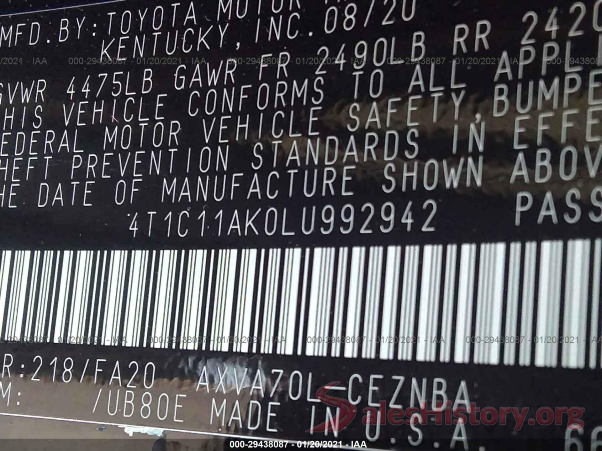 4T1C11AK0LU992942 2020 TOYOTA CAMRY