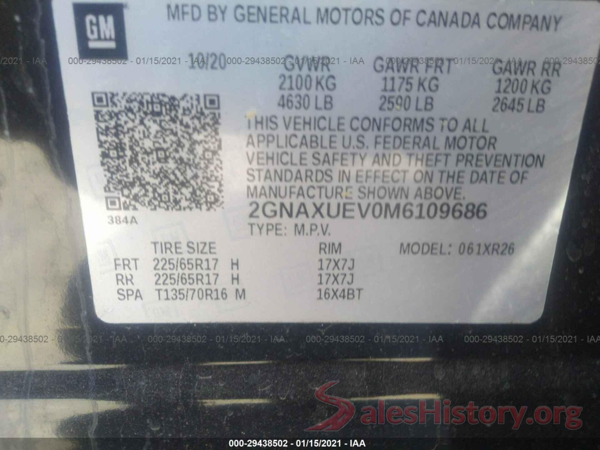 2GNAXUEV0M6109686 2021 CHEVROLET EQUINOX