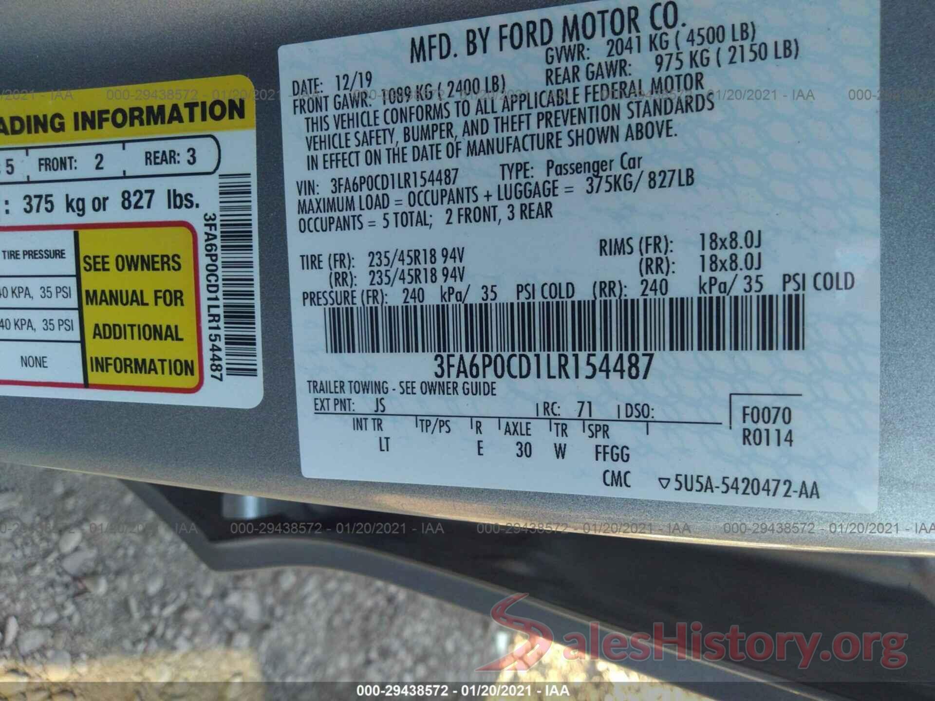 3FA6P0CD1LR154487 2020 FORD FUSION